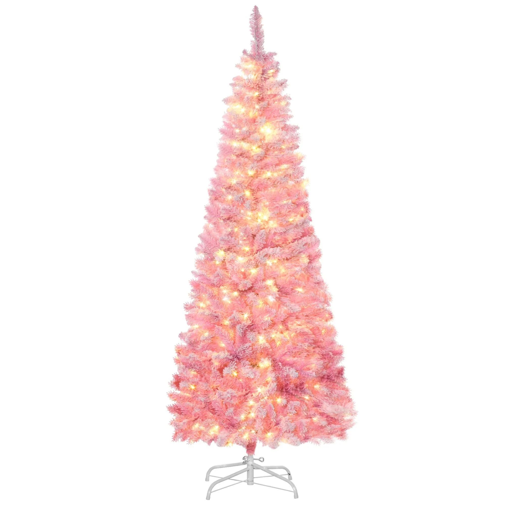 Prelit 6ft/7.5ft Snow-Flocked Pencil Christmas Tree, Warm White LED Lights, Auto-Open, Pink Pine Look for Holiday Decor