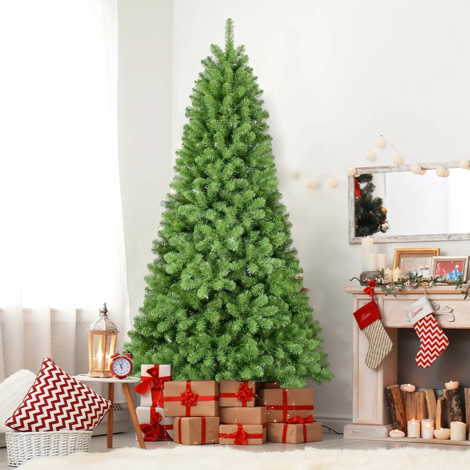 Green PVC Christmas Tree with Automatic Fluffing Memory Wire Tips, Easy Hinged Design, and Sturdy Metal Stand