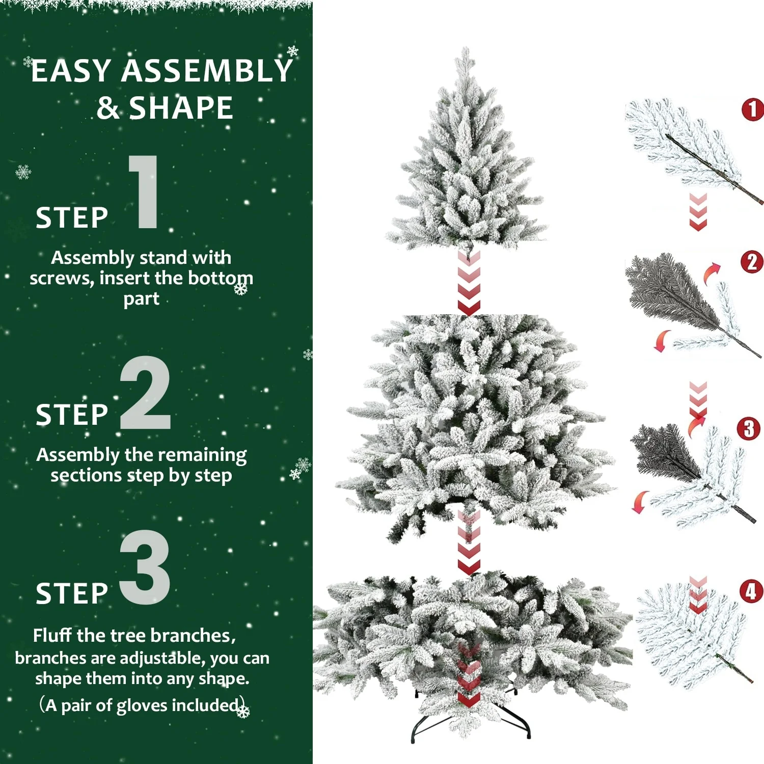 PE & PVC Flocked Christmas Tree, 5FT/6FT/7FT, Lifelike Tips, Easy Unfold Structure, Stable Base, Perfect Winter Decor