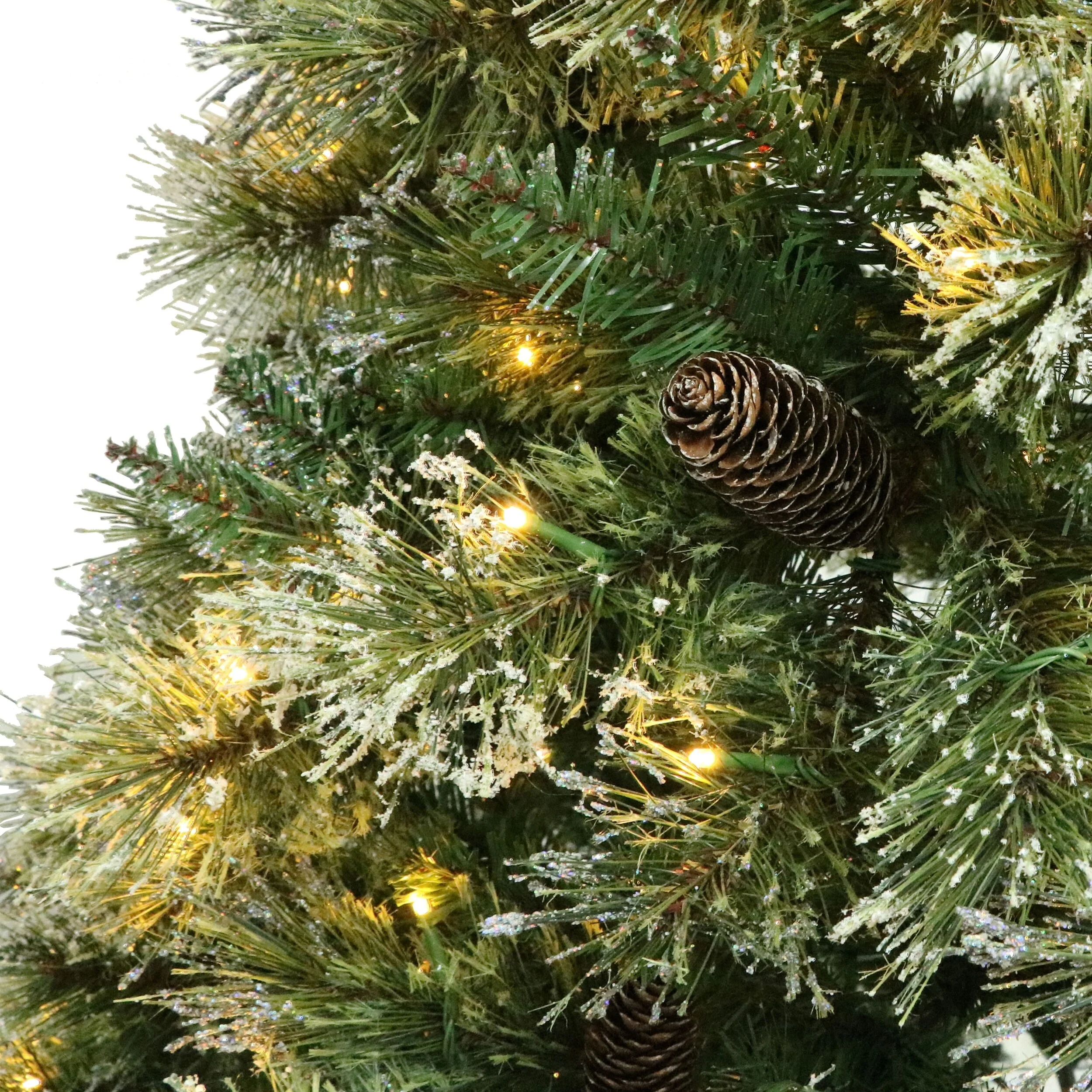 7.5' Bristle Mixed Hinged Christmas Tree with Snow, Pine Cones, and 750 LED Lights