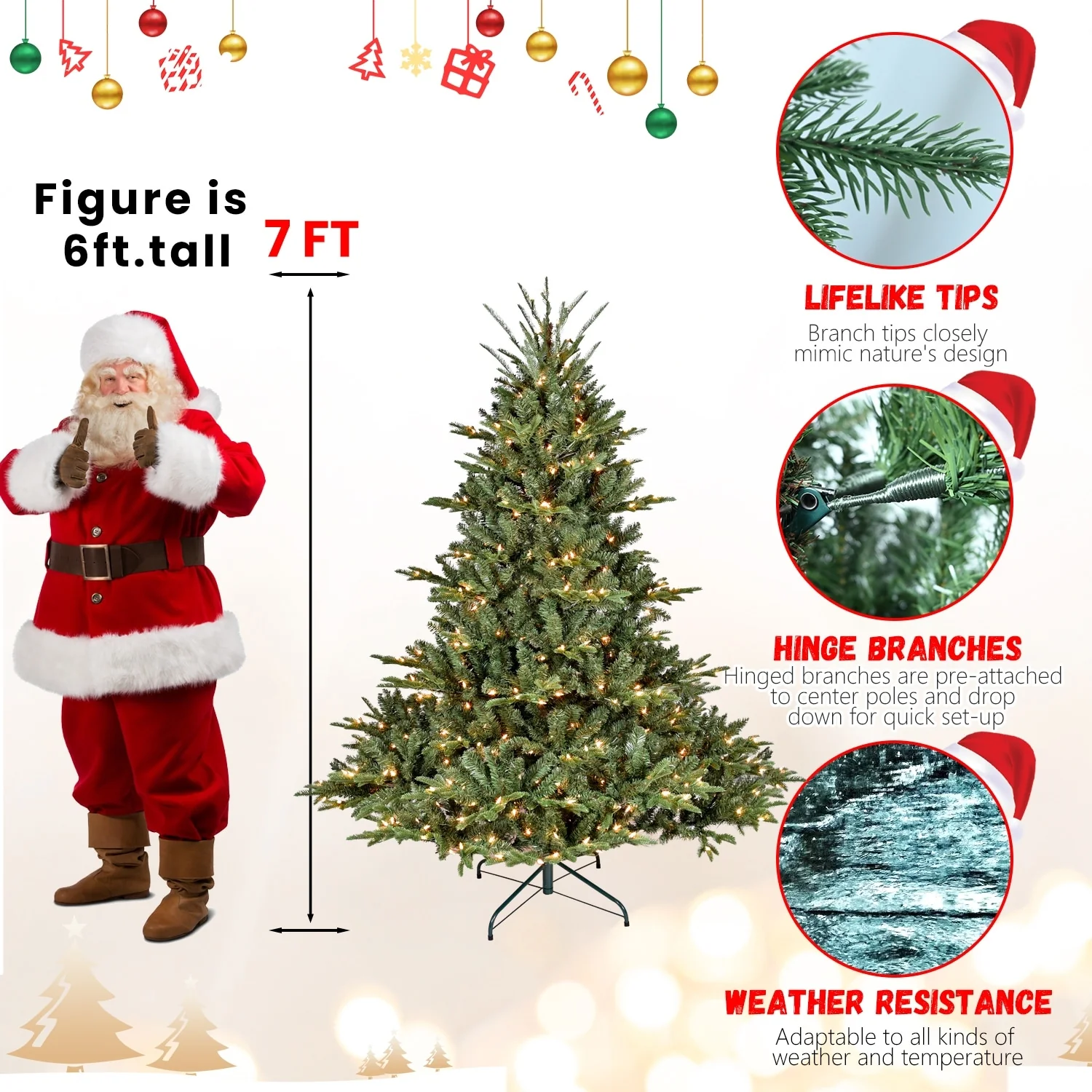 7.5FT Artificial Spruce Christmas Tree, Hinged Design with 2441 Tips, Flame-Retardant PE+PVC, Foldable Stand for Easy Storage