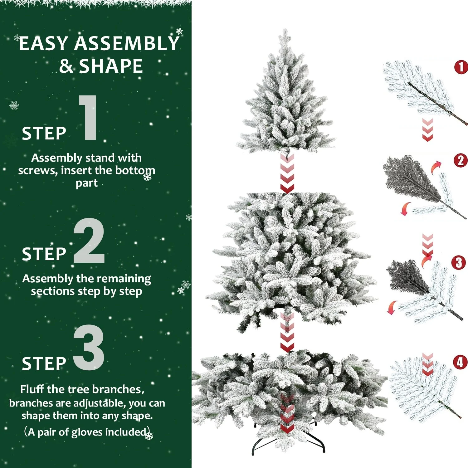 Pre-lit 7FT Flocked Christmas Tree, 1514 Branch Tips and Extra-Thick Metal Stand, Foldable Snowy Tree for Easy Holiday Setup