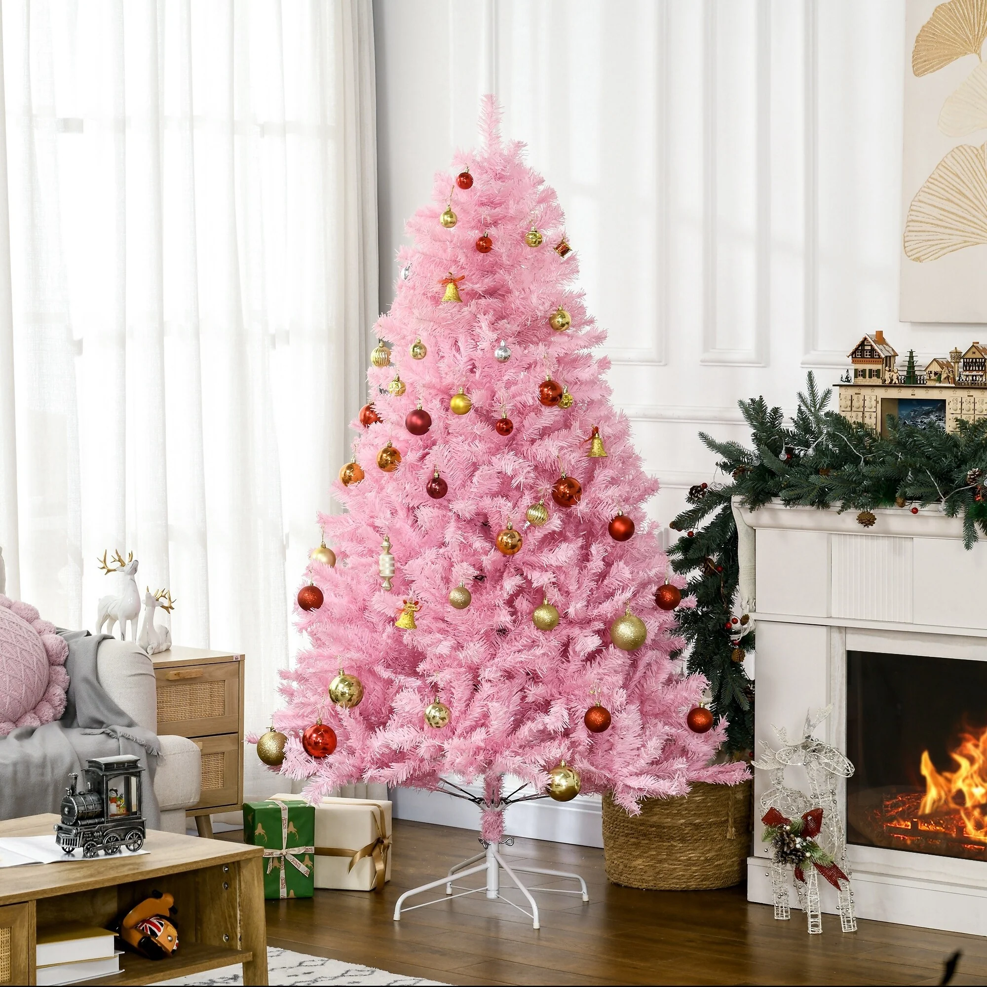6ft Tall Pink Artificial Christmas Tree with 1000 Branch Tips, Easy Assembly, Wide Shape & Steel Base
