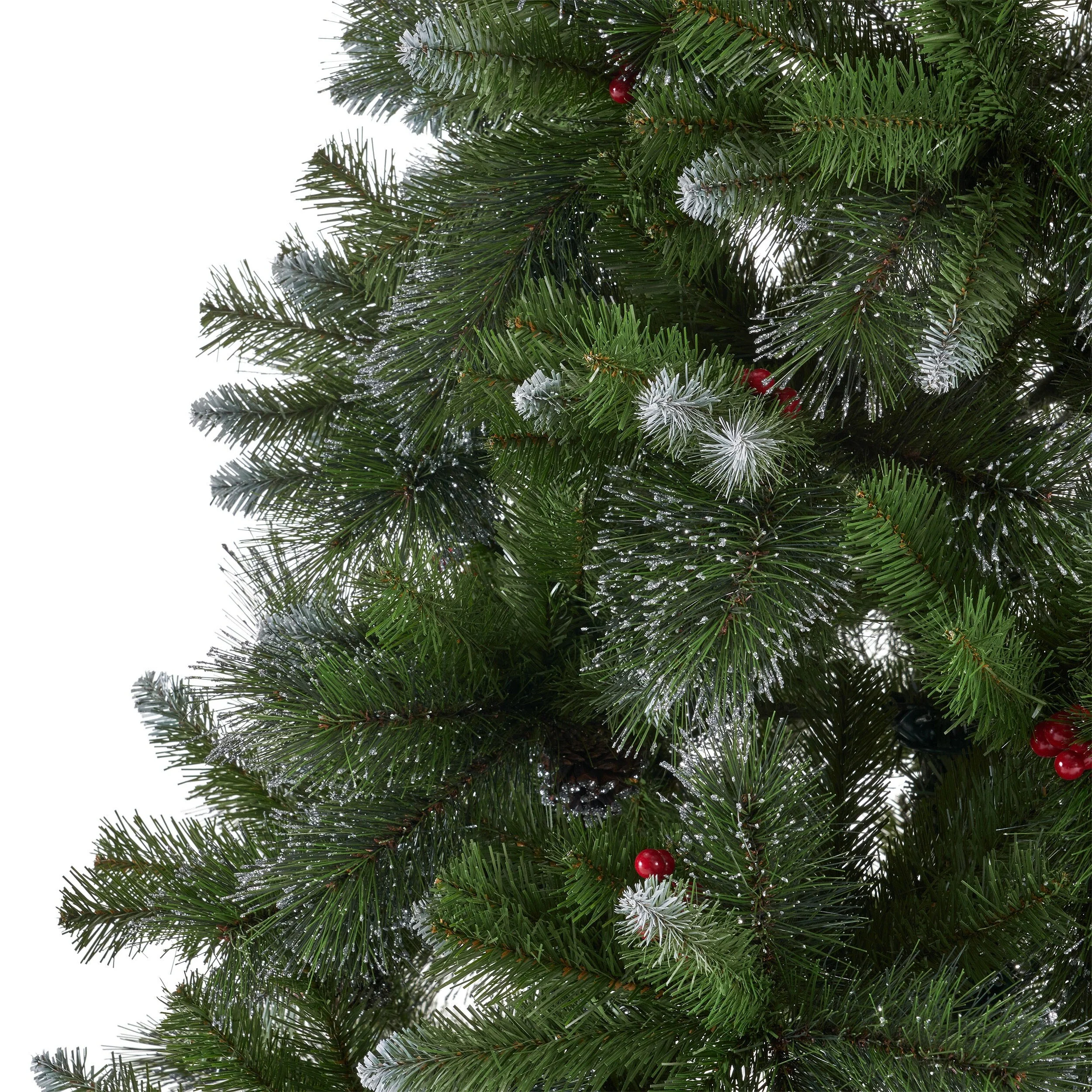 9-Foot Hinged Christmas Tree, Unlit, 2099 Tips with Red Berries and Pine Cones, Perfect for Large Indoor Spaces