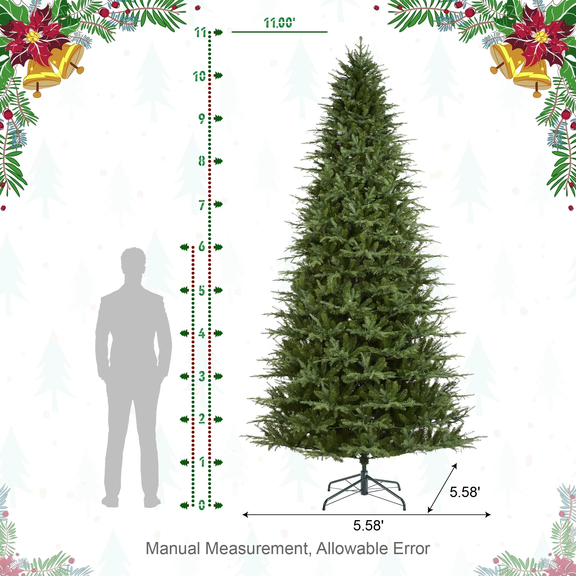 Glitzhome 7.5ft/9ft/11ft Pre-Lit Green Full Fir Artificial Christmas Tree with 1800/2450/3200 LEDs Simple Setup