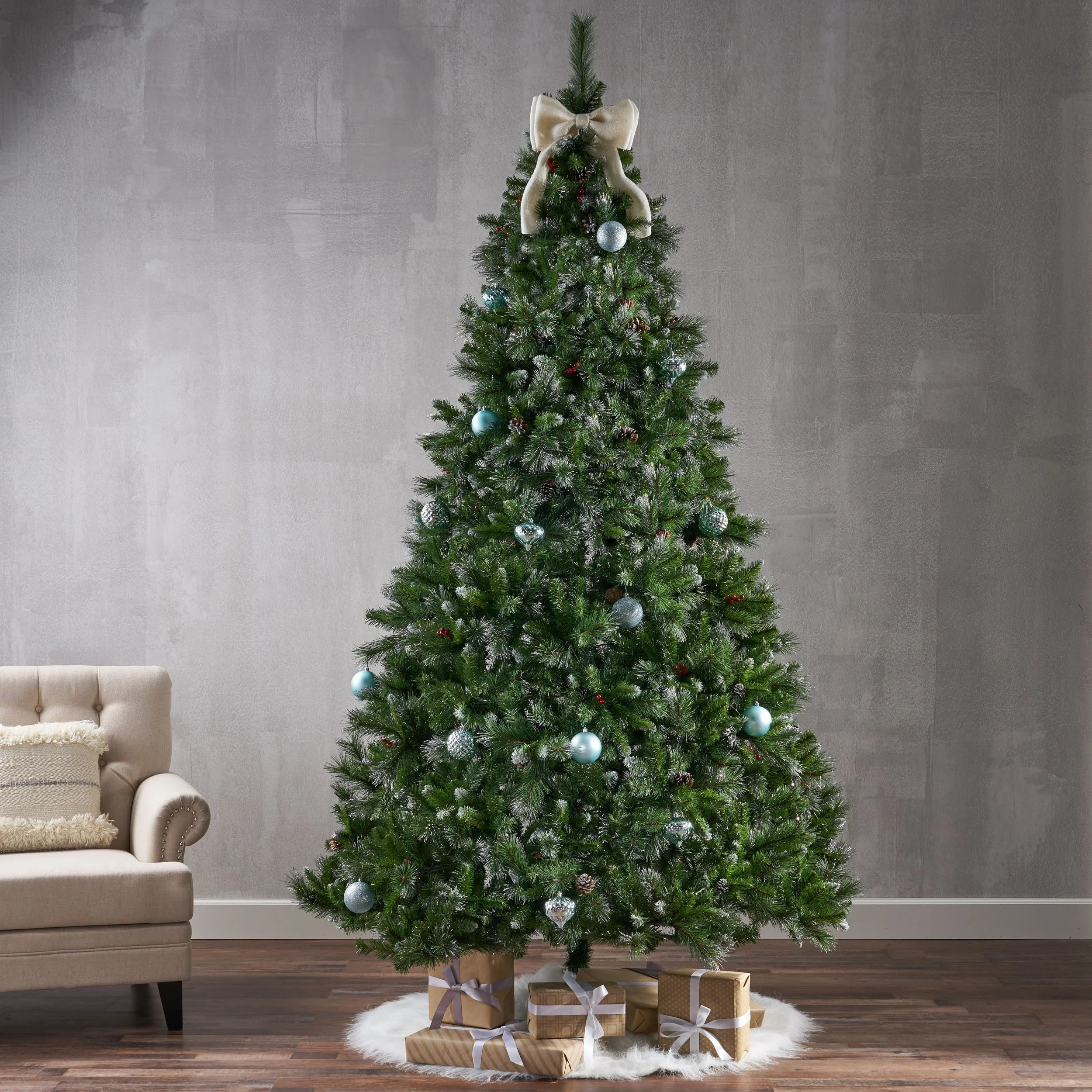 9ft Hinged Christmas Tree with 72 Red Berries, 73 Pine Cones, and 2099 Tips, Xmas Tree for Home Holiday Festival Decorating
