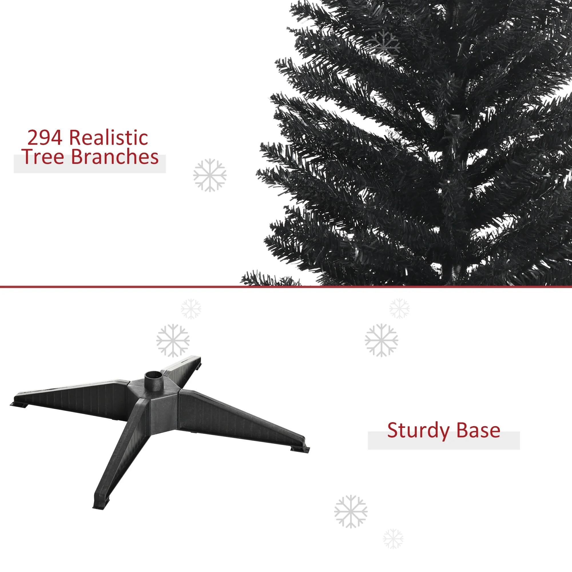 Slim Black Artificial Christmas Tree, Pencil Style with Realistic Branch Tips and Plastic Base - Perfect for Small Spaces