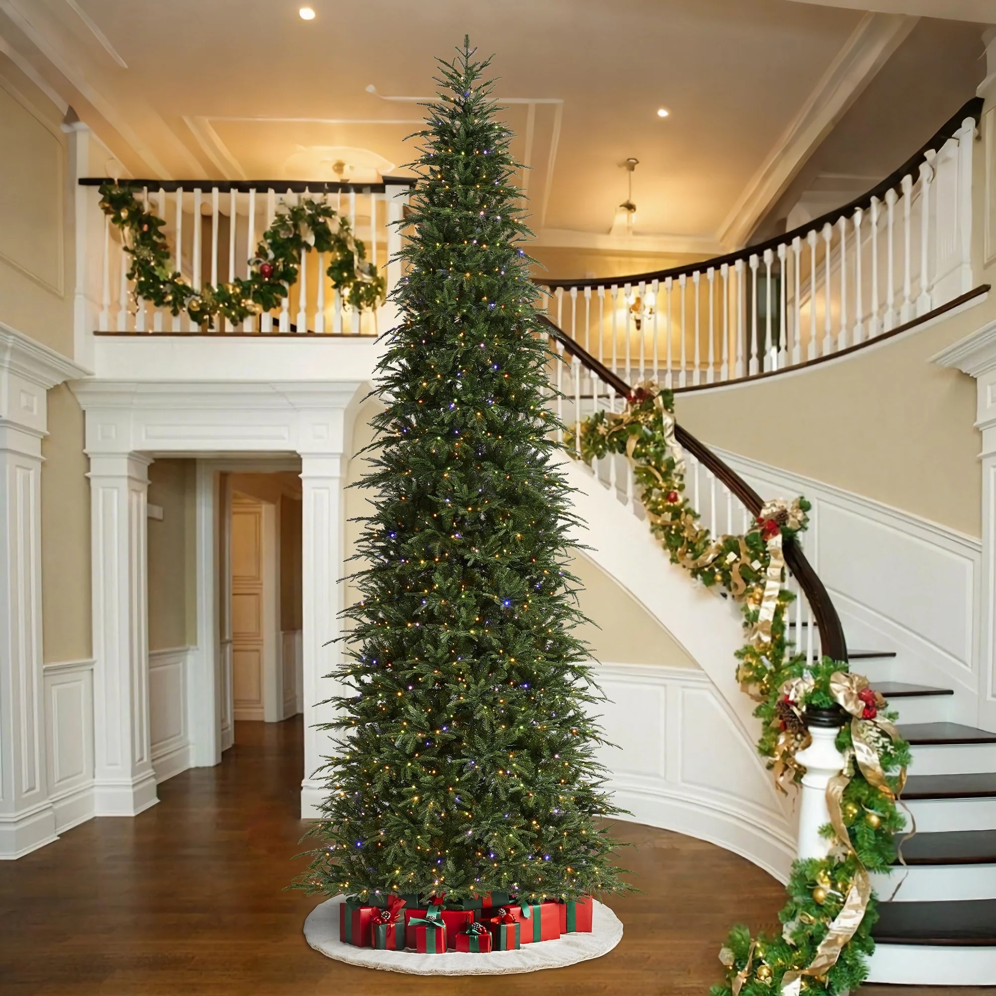 Glitzhome 7.5FT/9FT/11FT/15FT Pre-Lit Green Slim Fir Artificial Christmas Tree with Remote Control