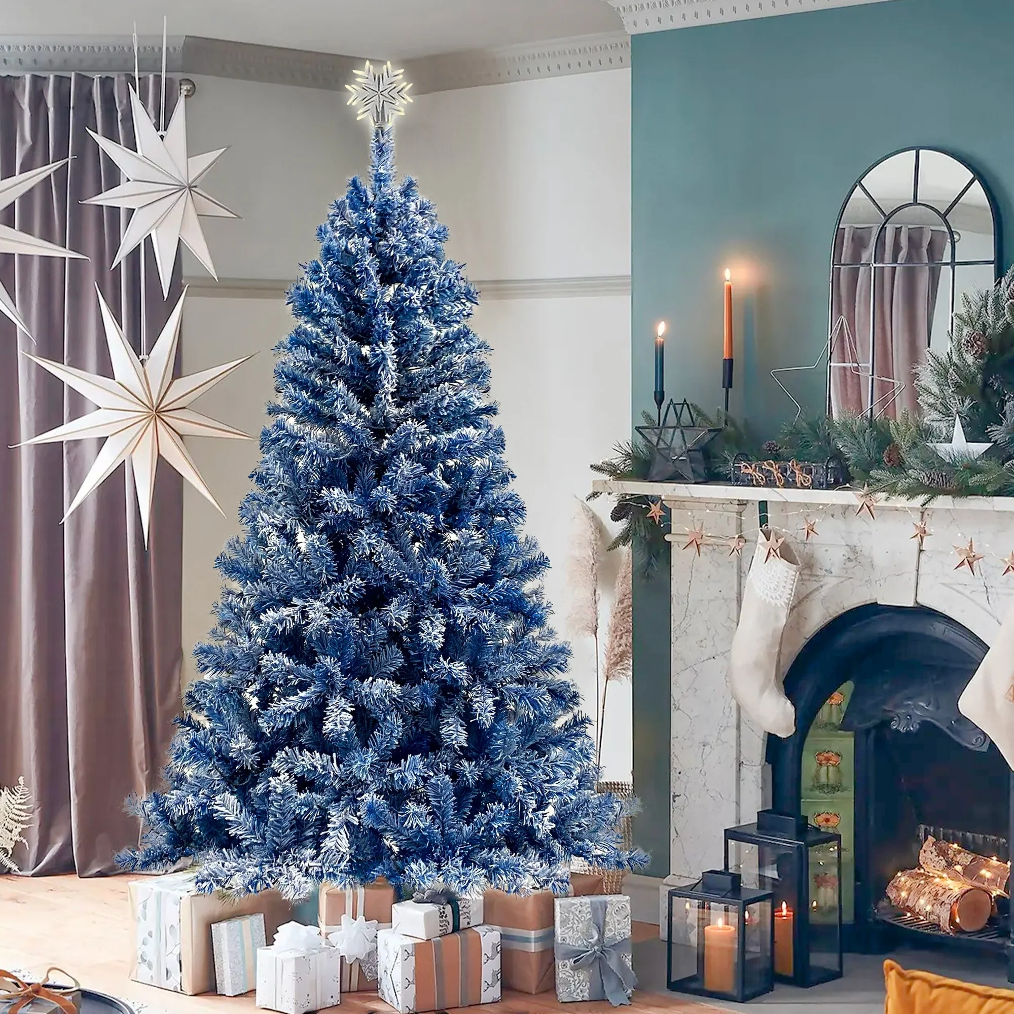 6FT Pre-Lit Hinged Artificial Fir Christmas Tree with Snow Flocked Branches, 750 Tips, and 300 Warm LED Lights