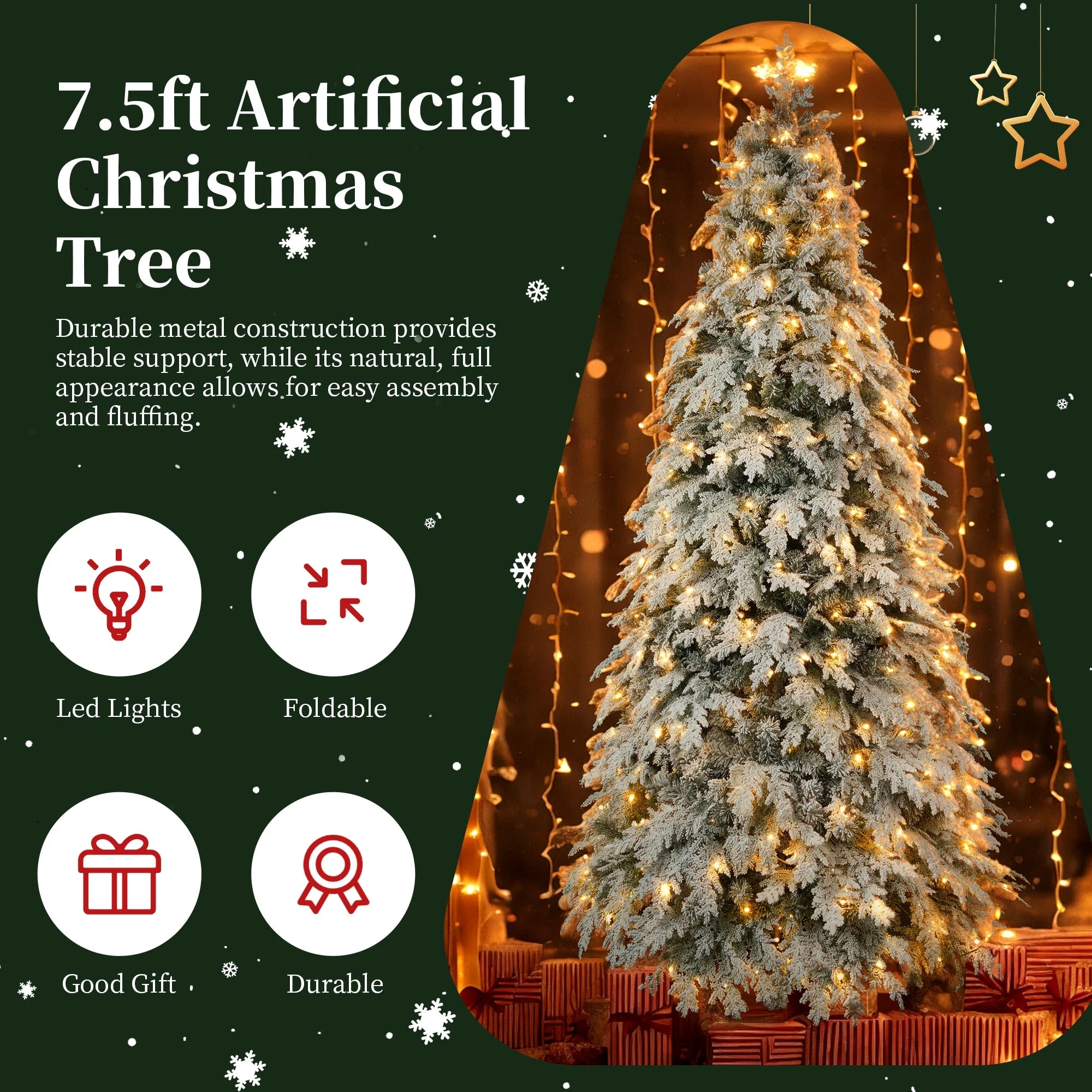 Pre-Lit 7.5ft Artificial Christmas Tree with 400 Warm White LED Lights and 1200 Branch Tips for a Lush Holiday Look