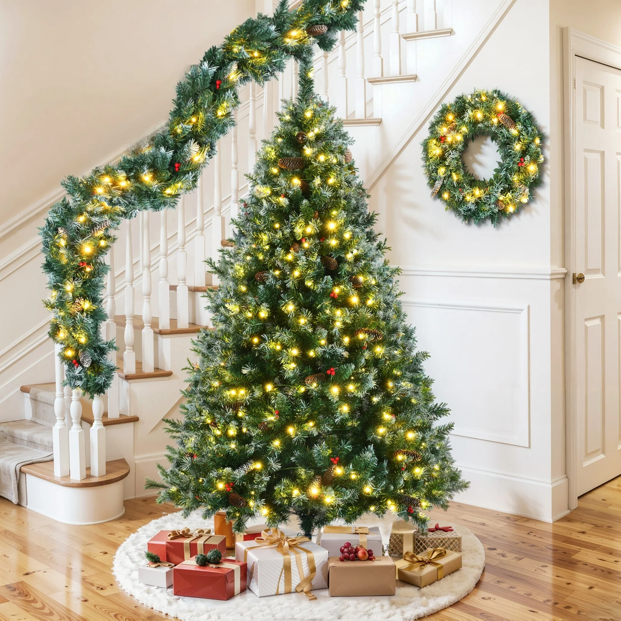 Dark Green Pine Christmas Tree with White Tips, Red Berries & Pine Cones, Pre-Lit 6FT Tree, Wreath & Garland, 11 Lighting Modes