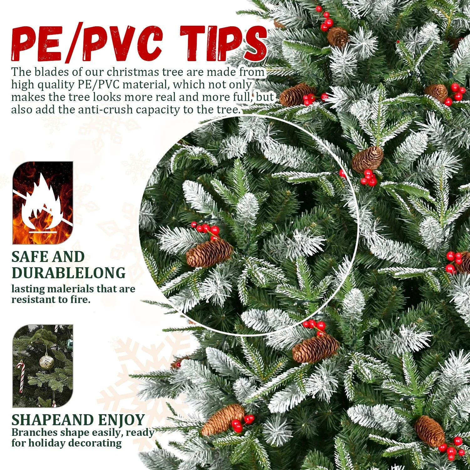 8ft Premium PE PVC Christmas Tree with 2850 Branch Tips, Red Berries, Pinecones