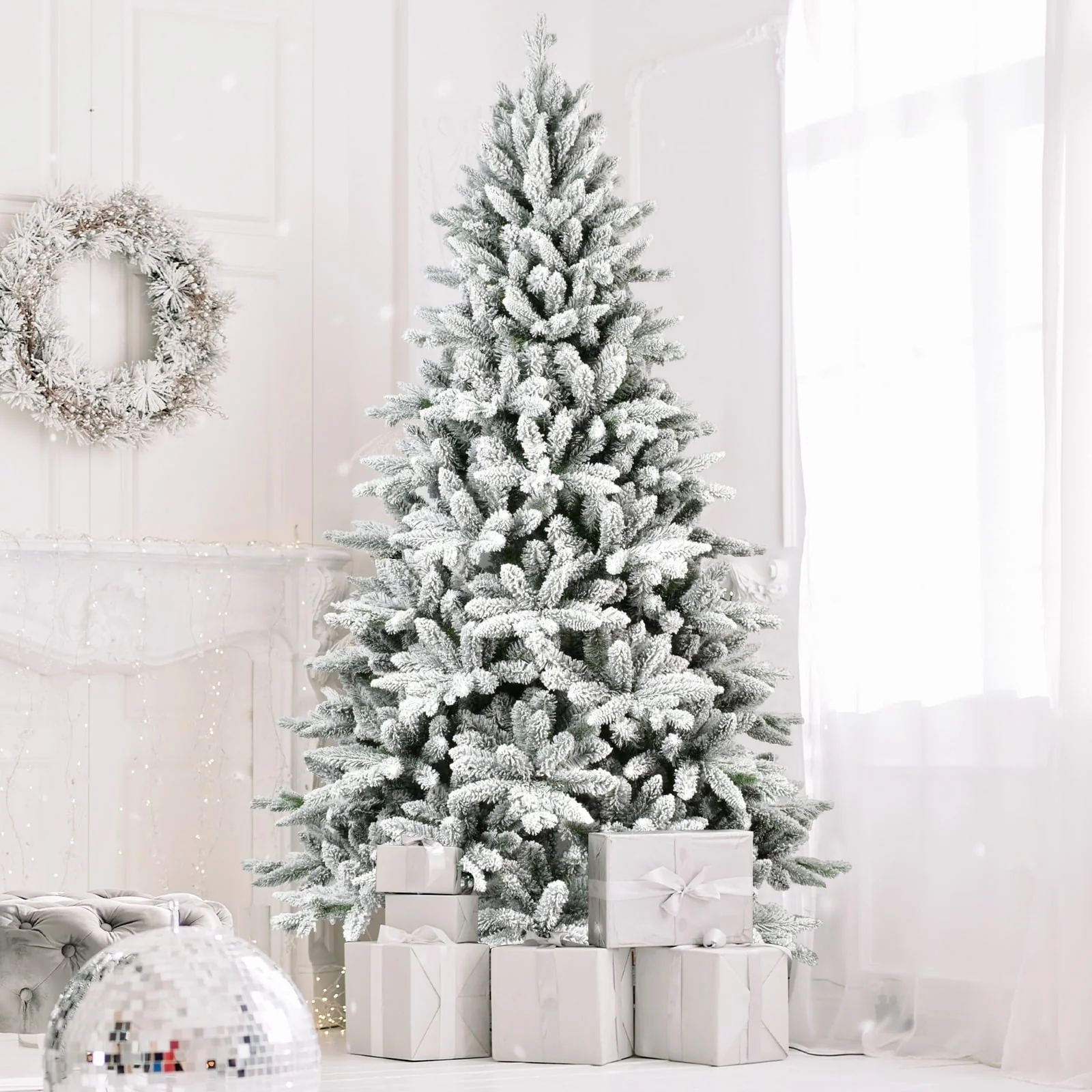Snow Flocked 5/6/7ft Artificial Christmas Tree, Full & Lush with Stable Stand
