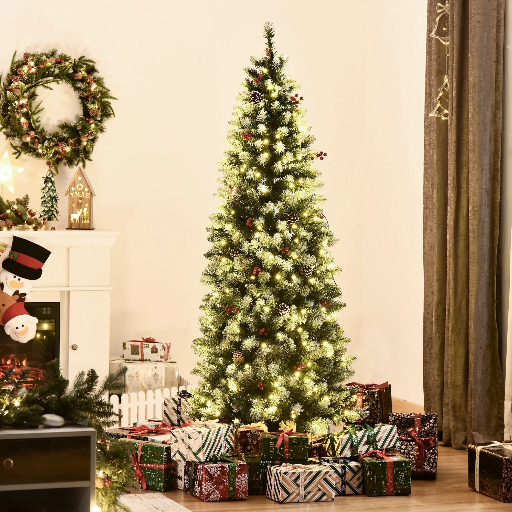 6ft Snow-Dipped Artificial Christmas Tree with LED Lights and Red Berries, Xmas Tree with Pine Cones for Holiday Decoration