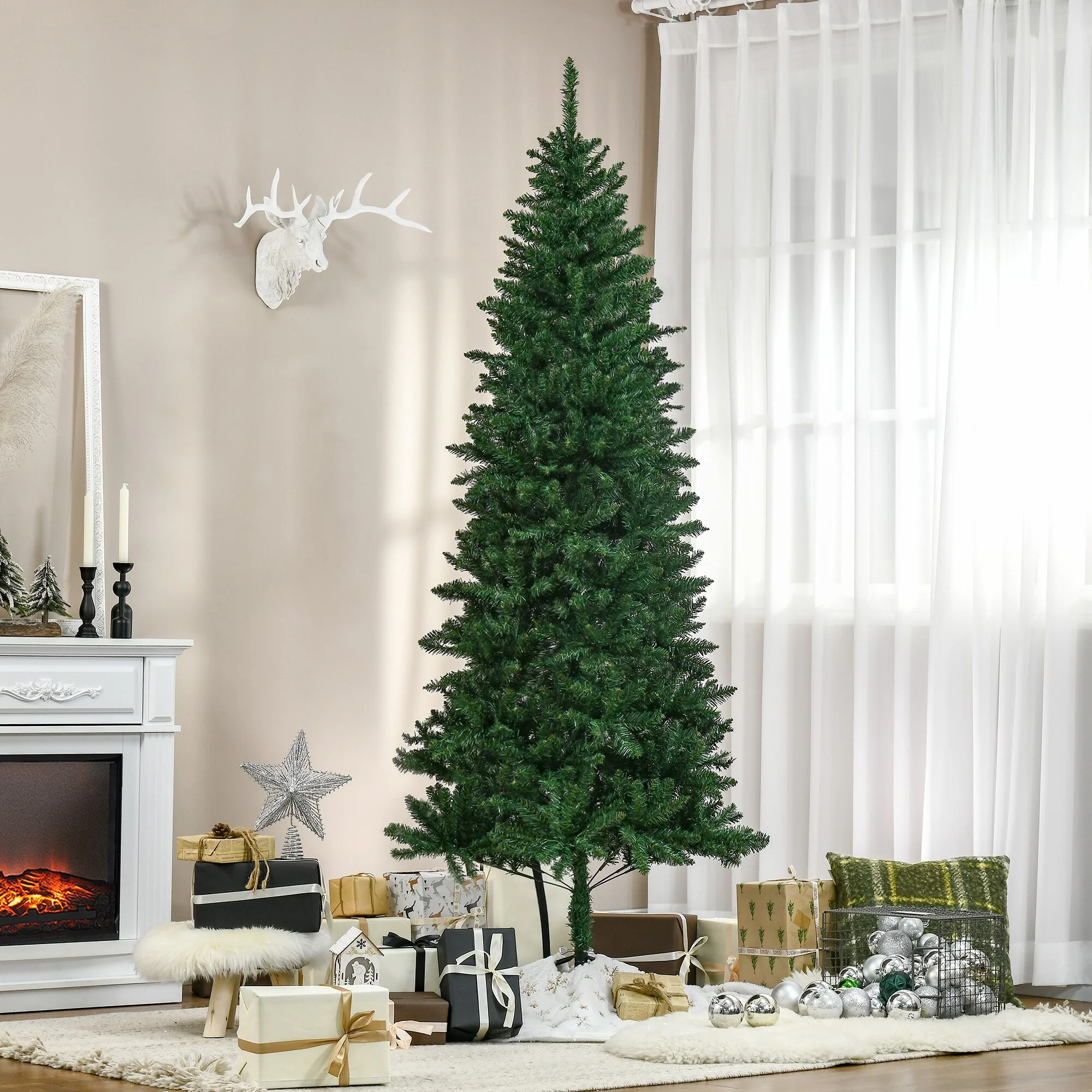 7' Slim Fir Artificial Christmas Tree with 865 Tips, Unlit Holiday Tree with Collapsible Base and Realistic Look