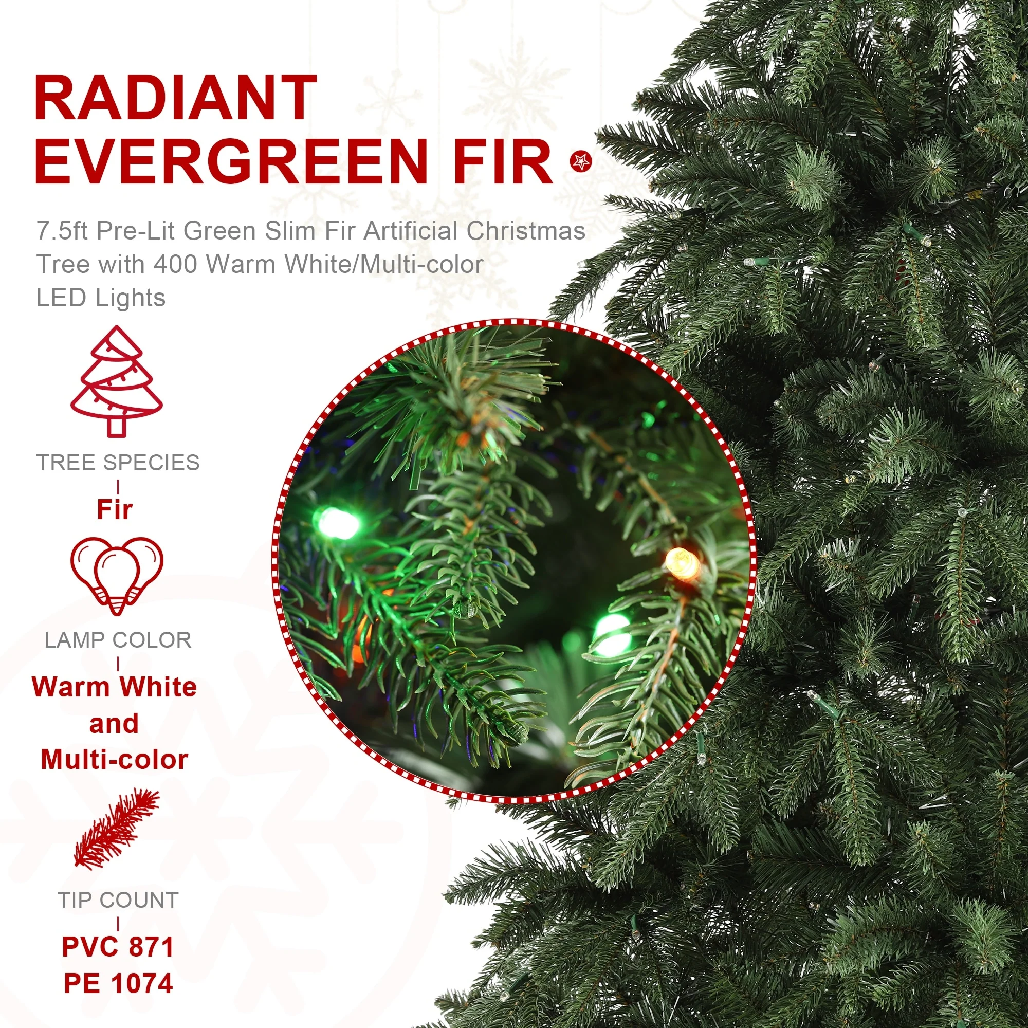 Glitzhome 7.5FT/9FT/11FT/15FT Pre-Lit Green Slim Fir Artificial Christmas Tree with Remote Control