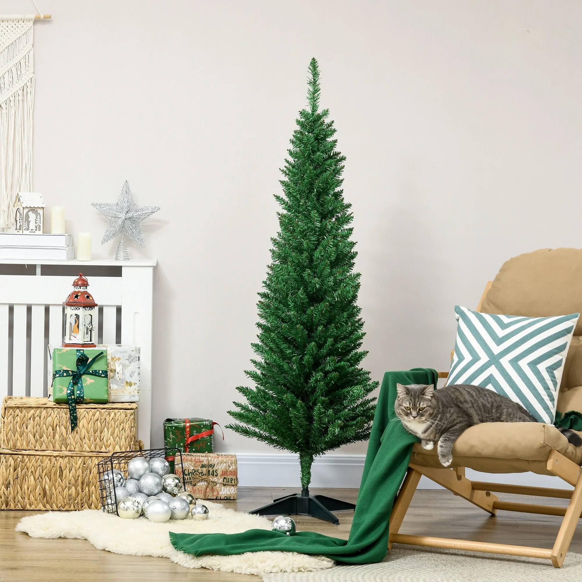 Unlit 5FT/6FT/7FT Slim Pencil Christmas Tree with Realistic Tips and Easy-Assembly Stand, Perfect for Small Spaces