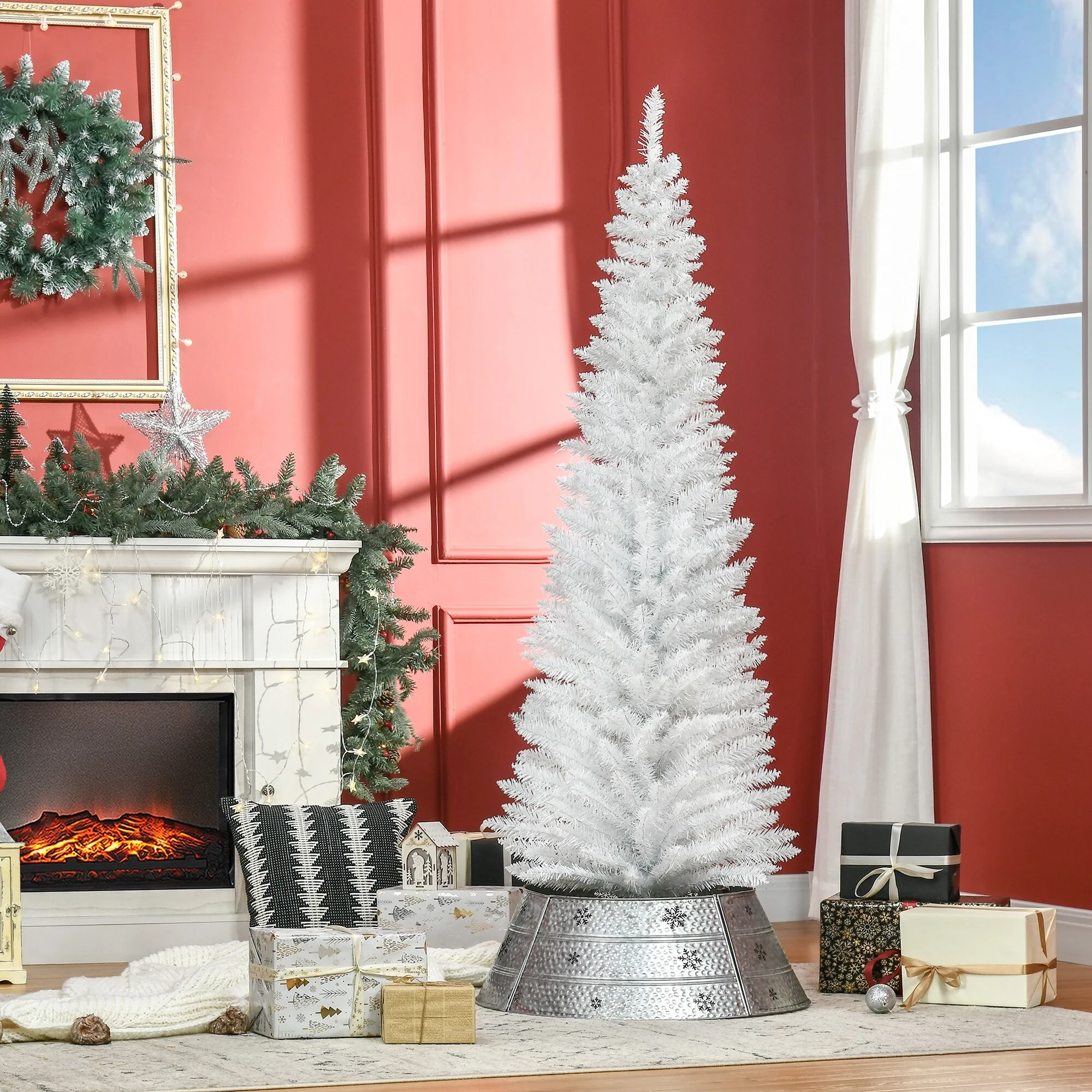 Slim 6FT/7FT Pencil Christmas Tree, Space-Saving Unlit Artificial Xmas Tree with Realistic Branches