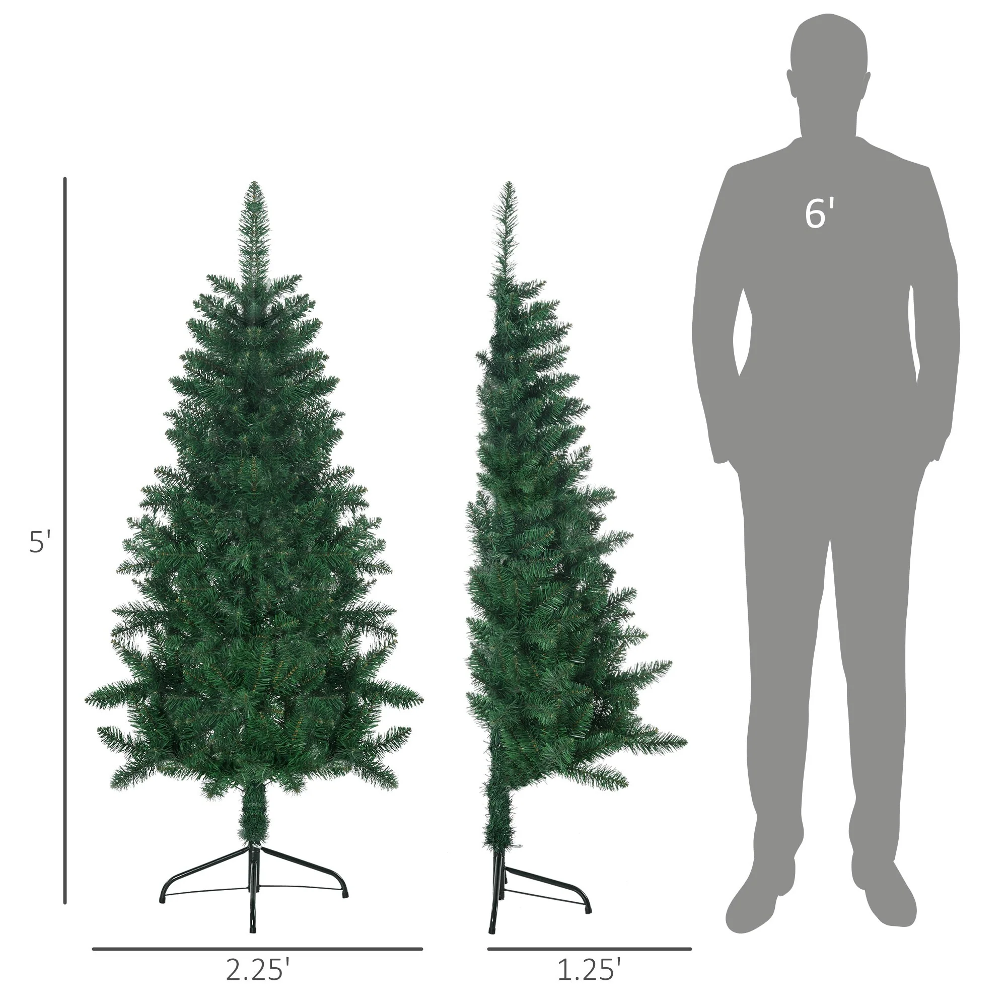 Space-Saving 5ft/7ft Half Christmas Tree, Unlit Artificial Tree with Steel Base and Wall-Fit Design