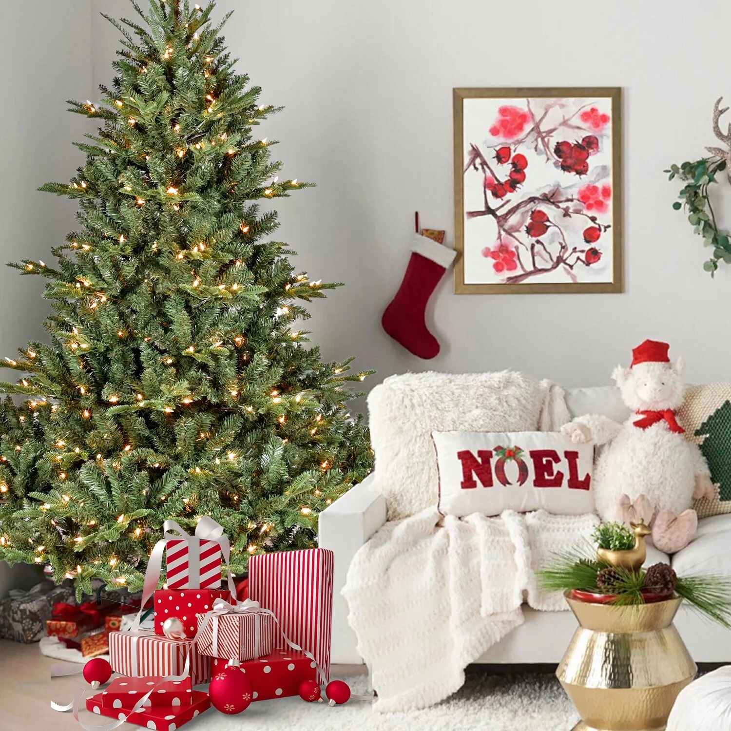 7.5FT Artificial Spruce Christmas Tree, Hinged Design with 2441 Tips, Flame-Retardant PE+PVC, Foldable Stand for Easy Storage