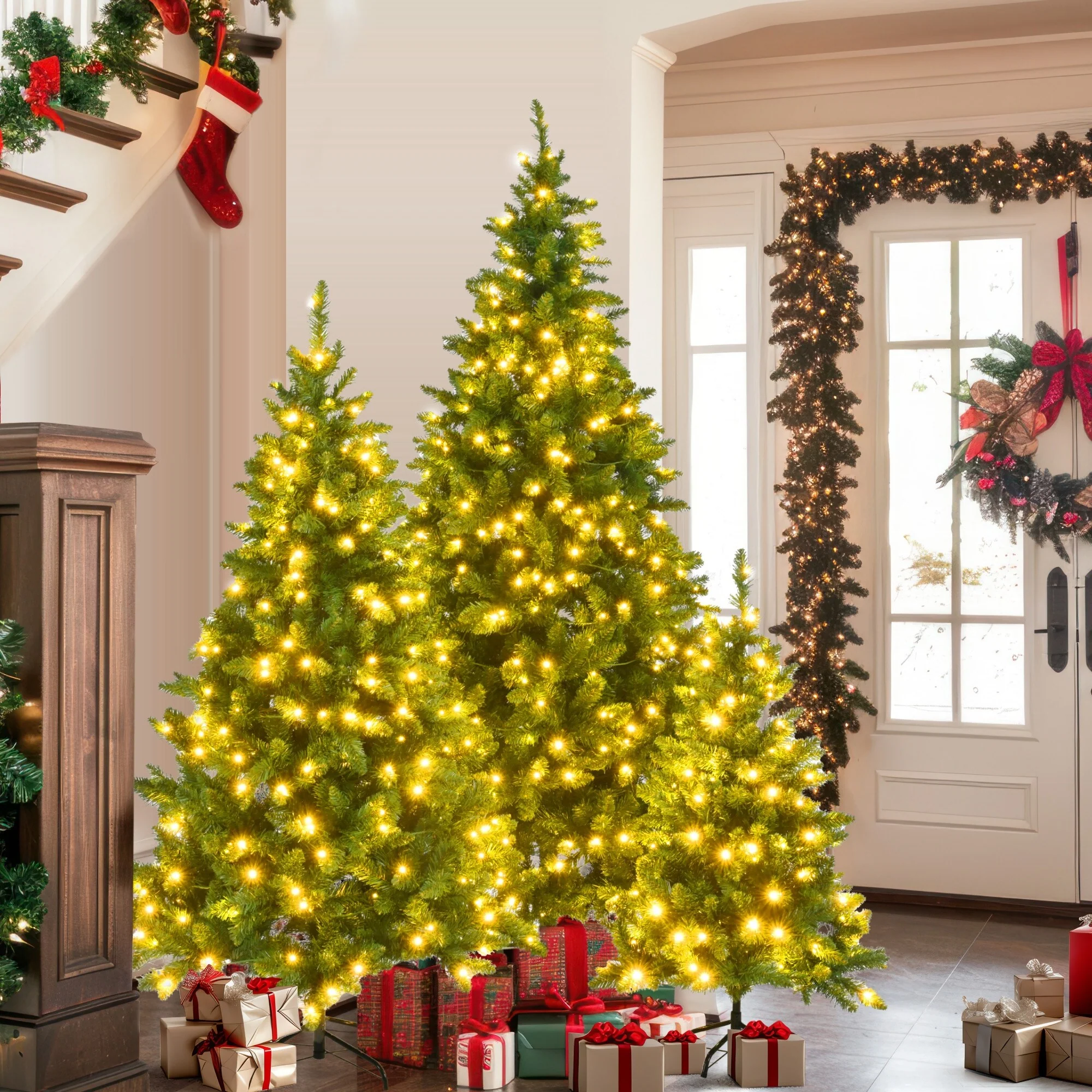 Christmas Tree Set 8FT, 6FT, 4FT Pre-Lit Artificial Pine, Hinged Design with 820 Warm LED Lights & 2539 Tips for Home/Office
