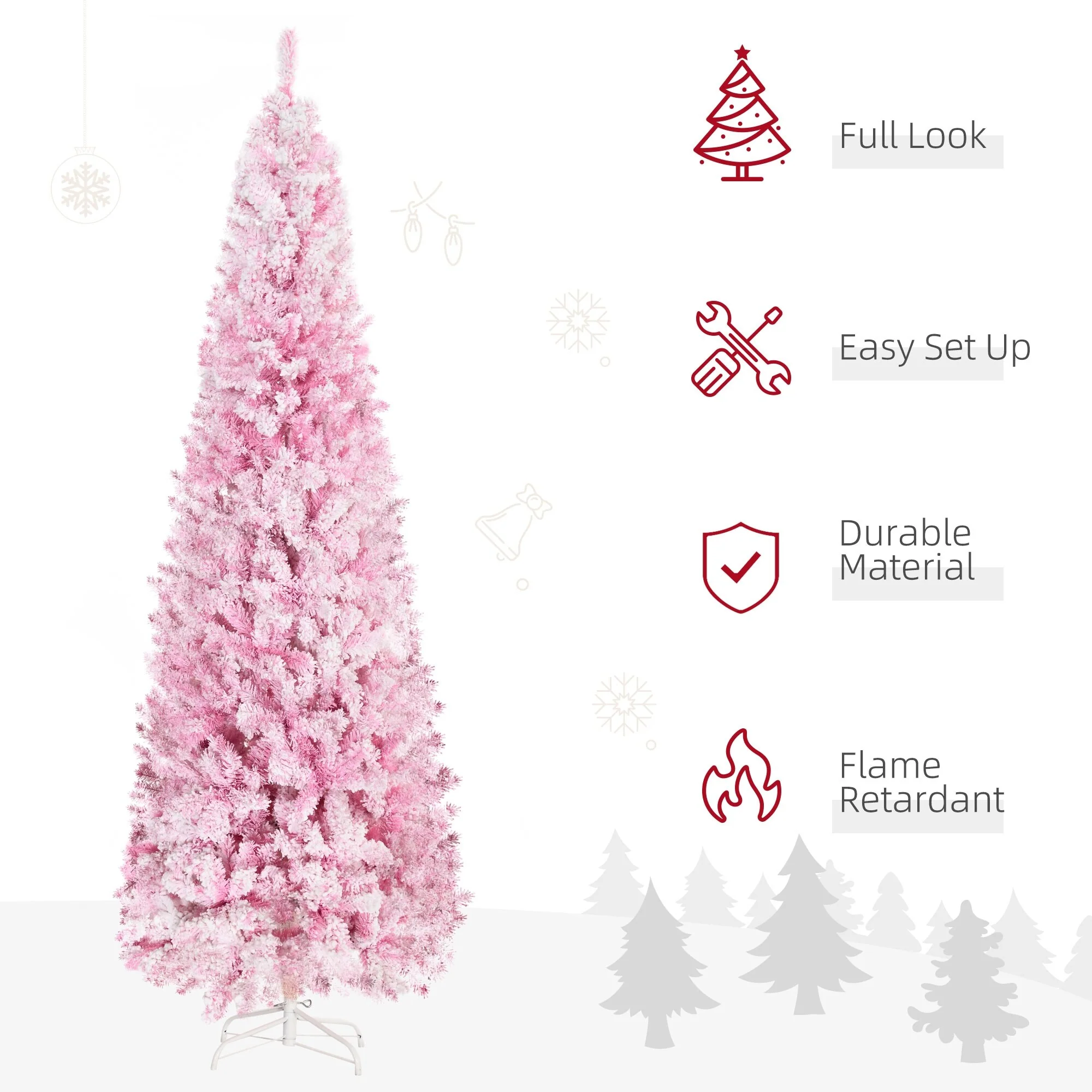 7.5' Snow-Flocked Unlit Artificial Christmas Tree, Slim Pencil Shape with Realistic Branches and Pine Style