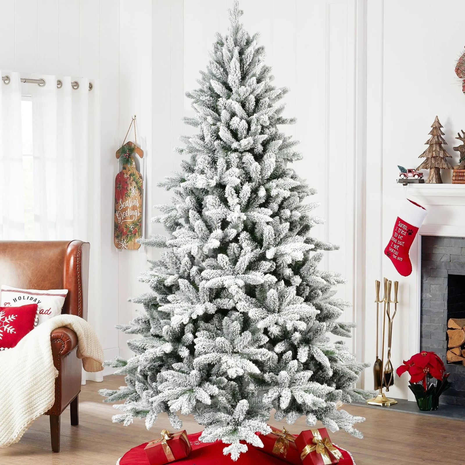 PE & PVC Flocked Christmas Tree, 5FT/6FT/7FT, Lifelike Tips, Easy Unfold Structure, Stable Base, Perfect Winter Decor