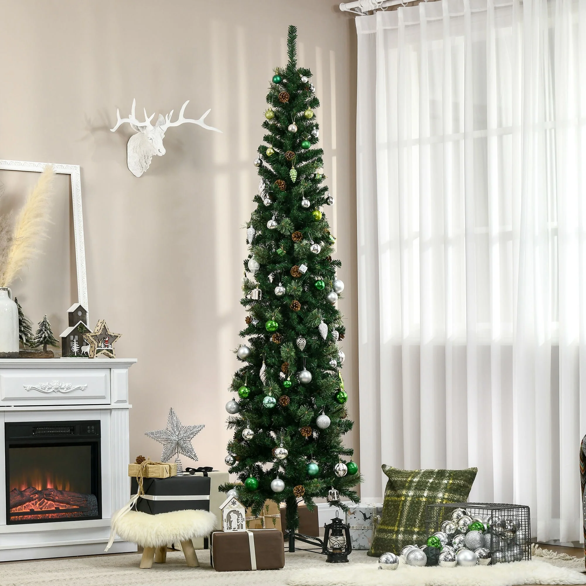 Slim 7.5' Unlit Pencil Christmas Tree with Realistic Pine Branches and Pine Cones, Easy Assembly for Small Spaces