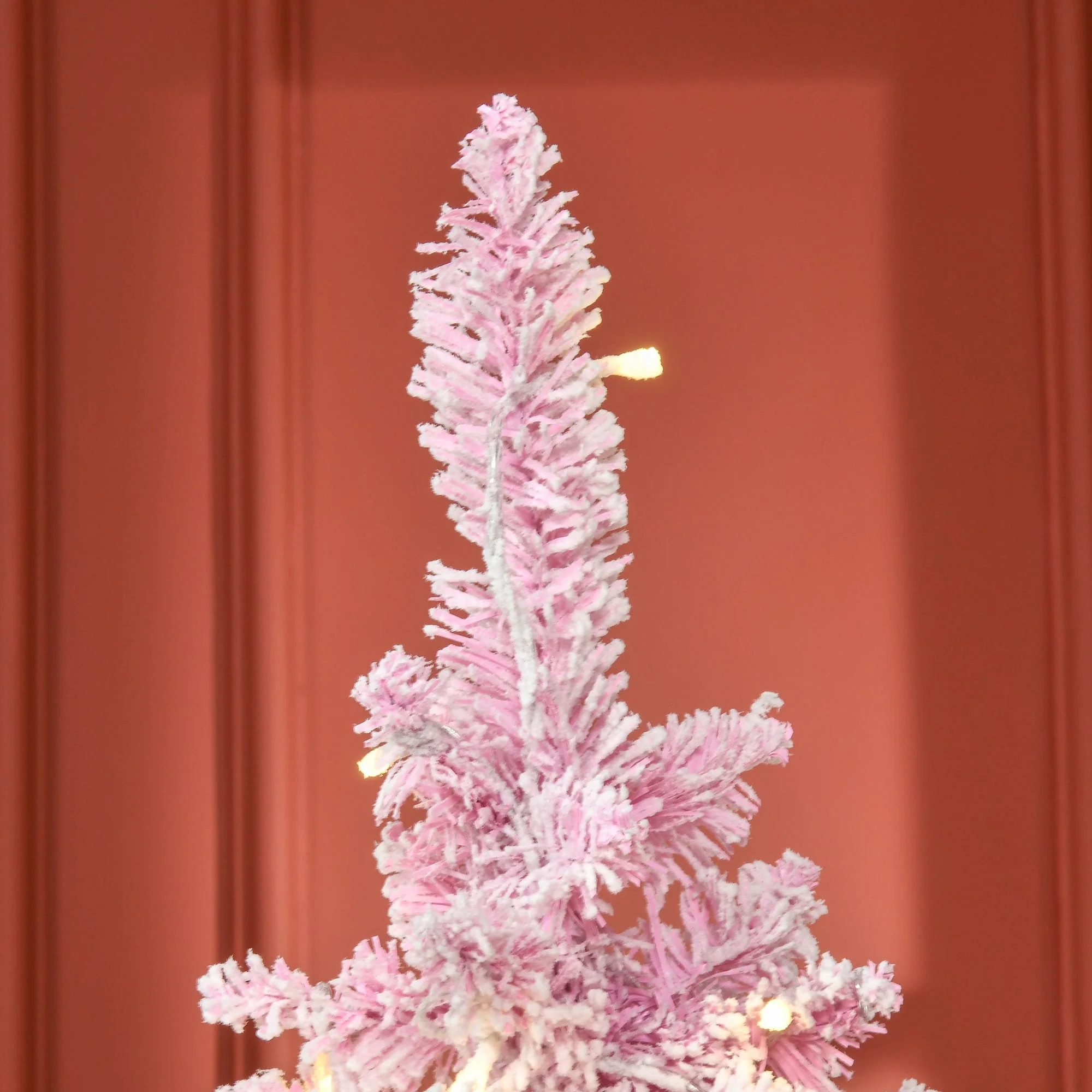 Pink 6ft/7.5ft Snow Flocked Pencil Christmas Tree, Pre-lit Artificial Holiday Tree with Pine Branches & LED Lights