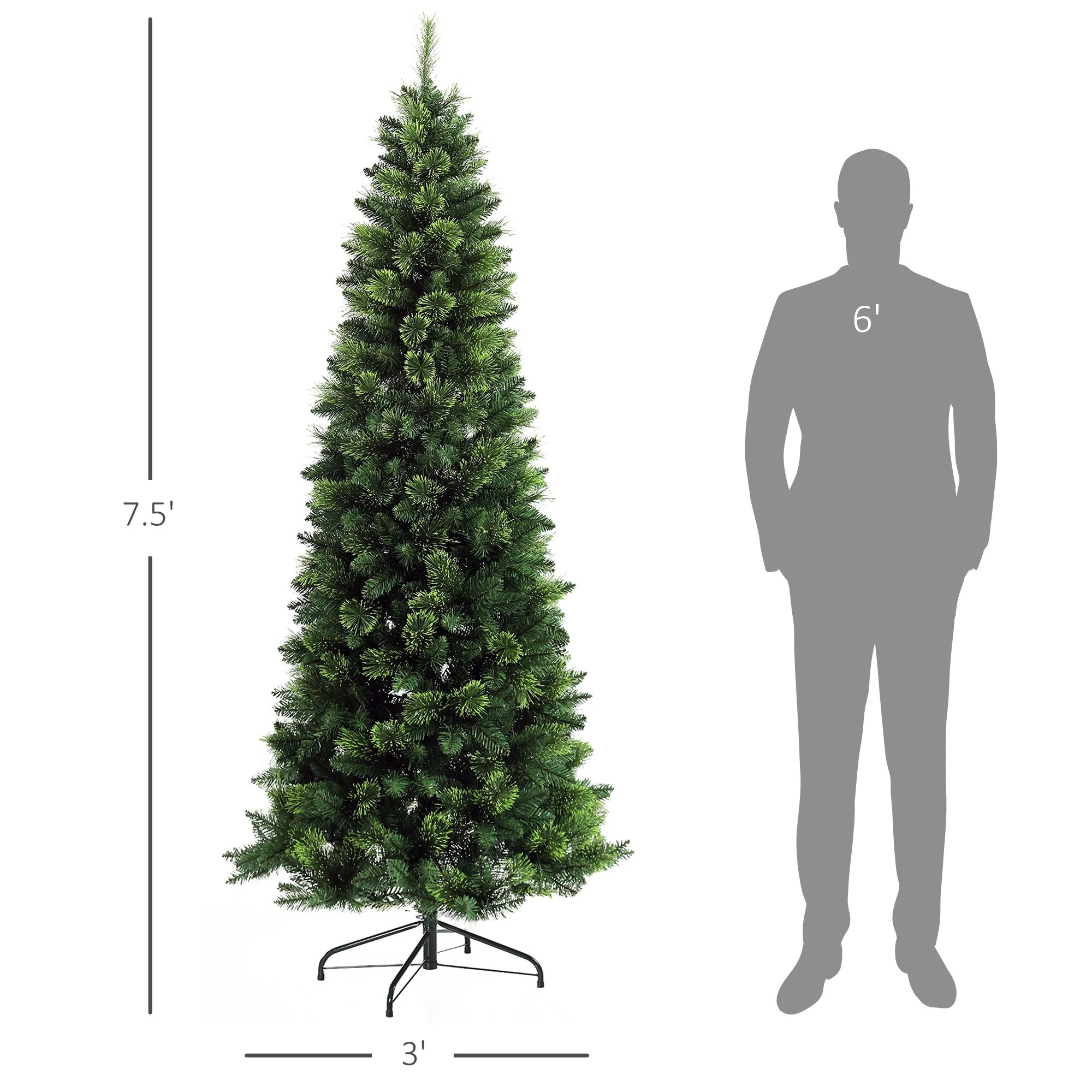 7.5ft Pencil Artificial Christmas Tree, Unlit, Auto Open with 1075 Realistic Pine Branch Tips, Steel Base Included