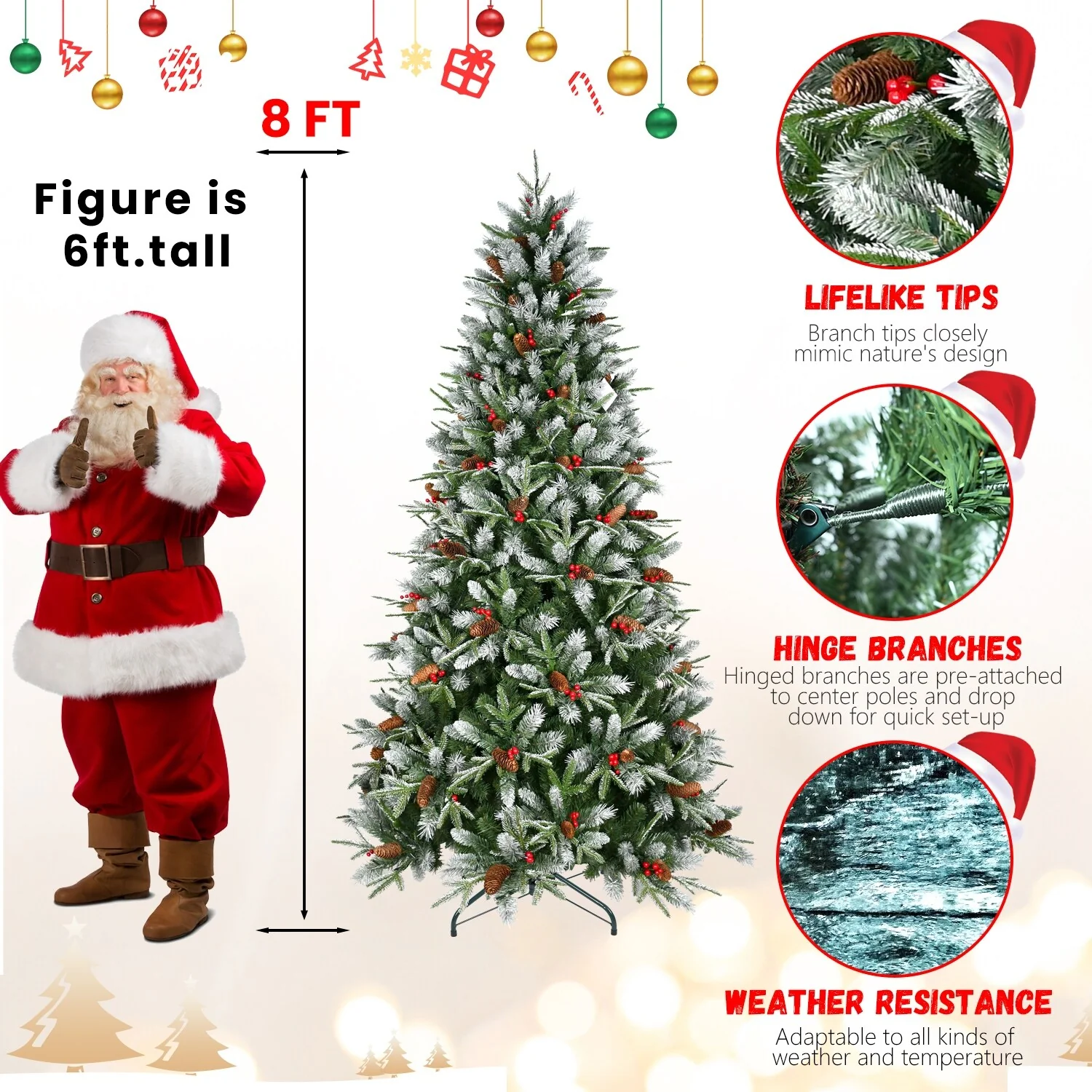 8ft Premium PE PVC Christmas Tree with 2850 Branch Tips, Red Berries, Pinecones