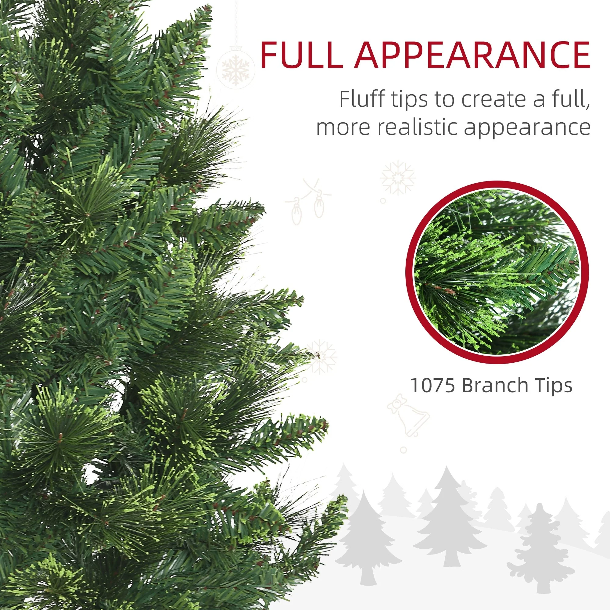 7.5ft Pencil Artificial Christmas Tree, Unlit, Auto Open with 1075 Realistic Pine Branch Tips, Steel Base Included