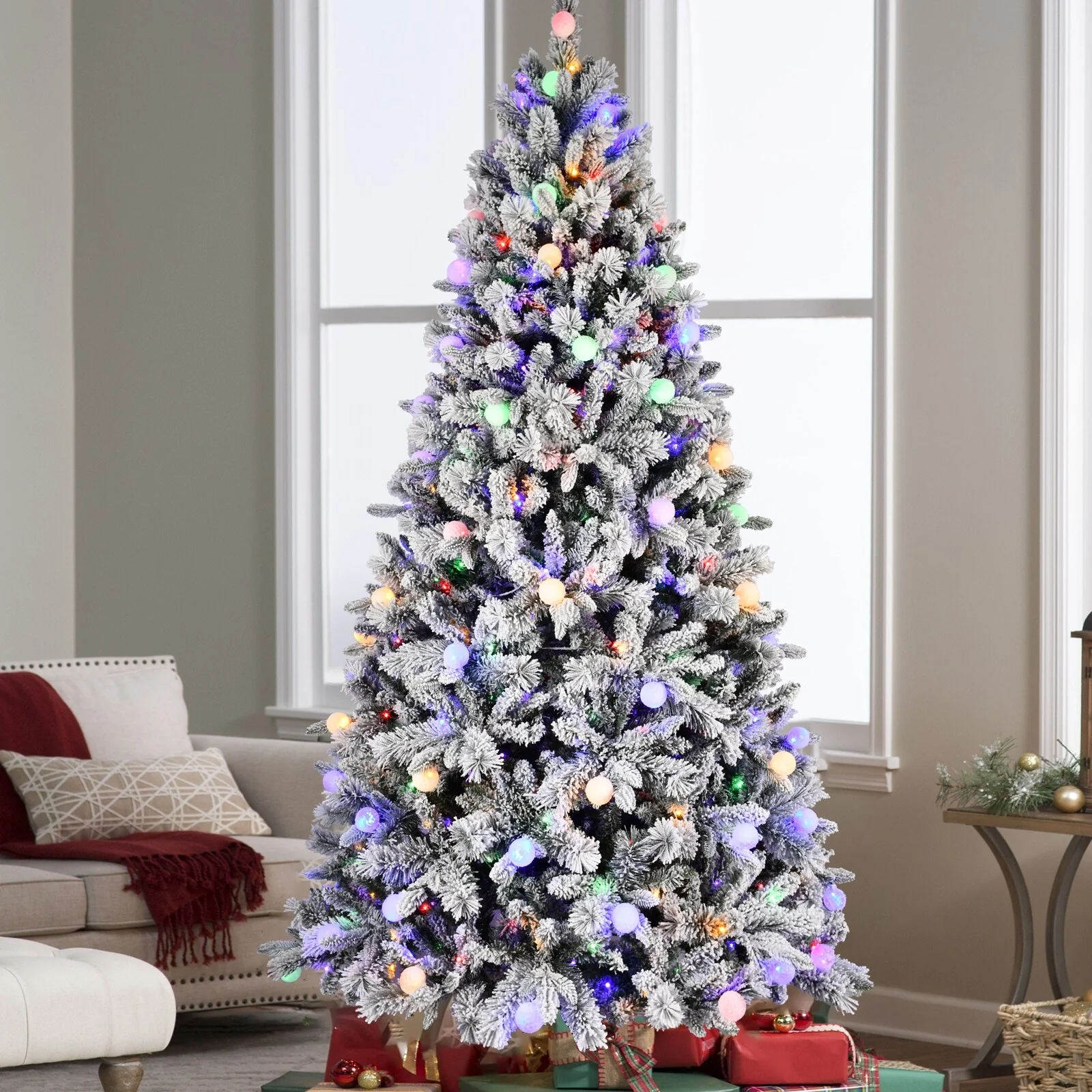 8ft Artificial Snow-Flocked Christmas Tree with LED Lights, Memory Wire, and Easy Power Setup
