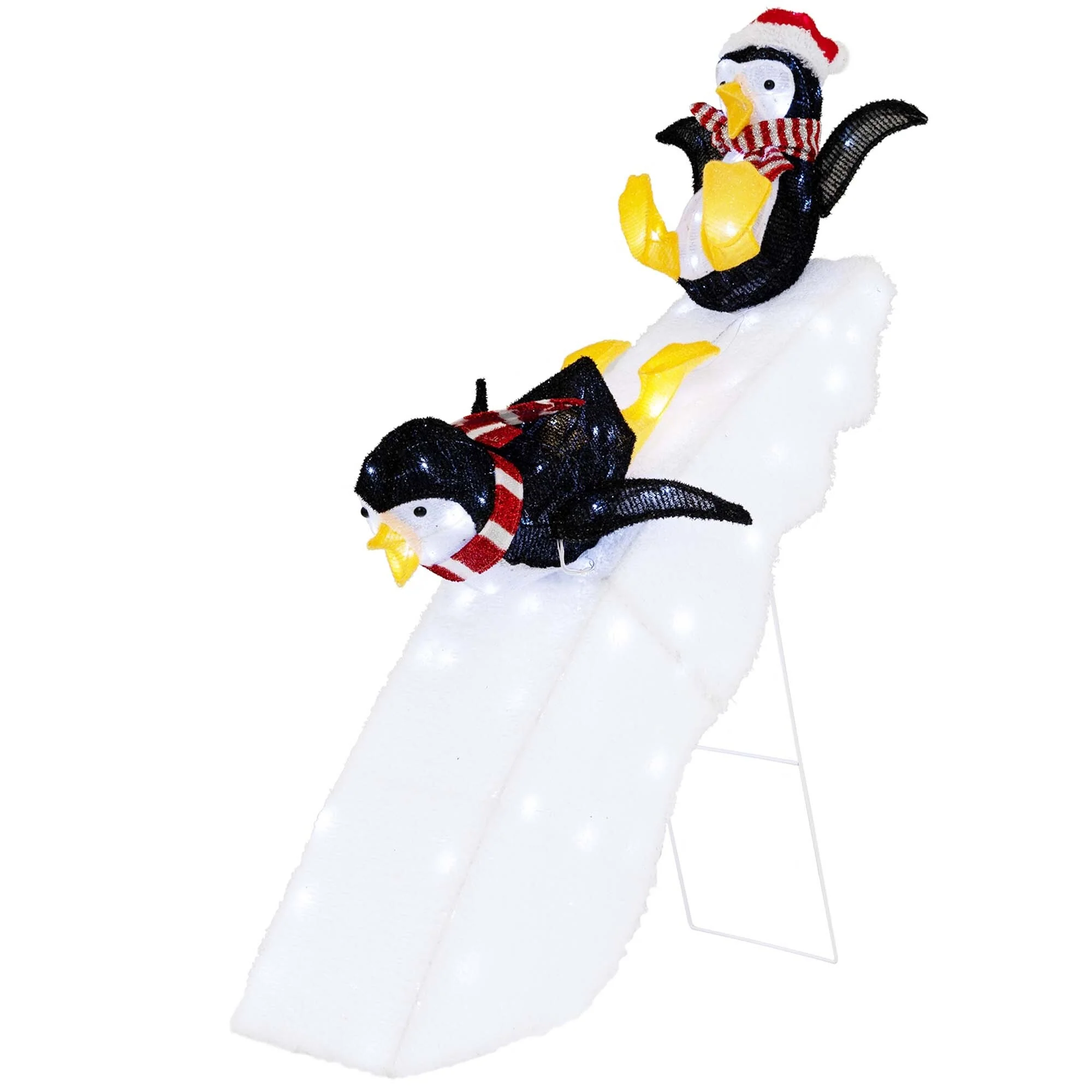 4FT Pre-Lit Christmas Penguin Ice Skating Decoration with Snowy Slide - Black+ White+ Yellow