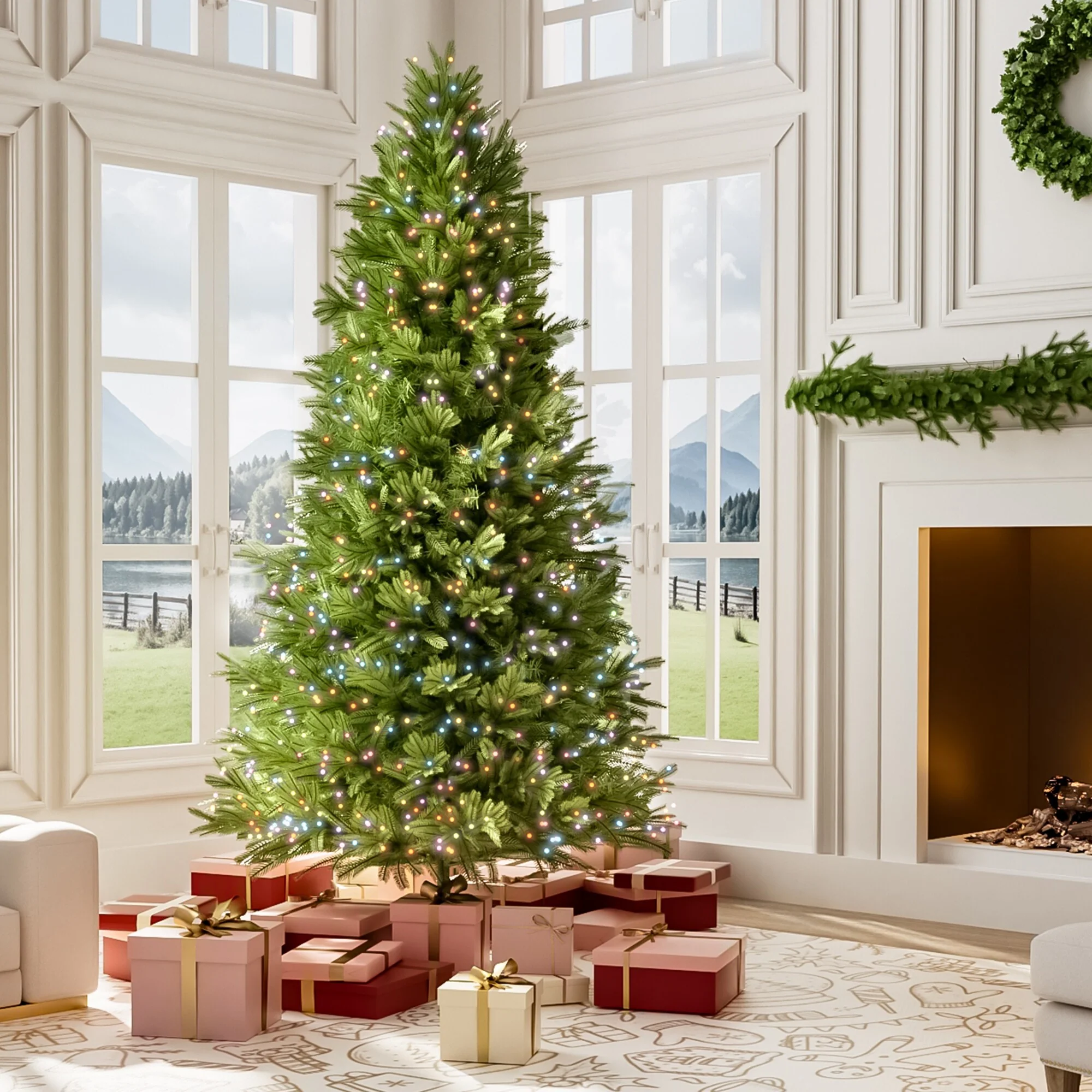 7.5FT Artificial Christmas Tree with 550 Multi-Colour LED Lights and Easy Assembly, Xmas Tree for Home Holiday Decor