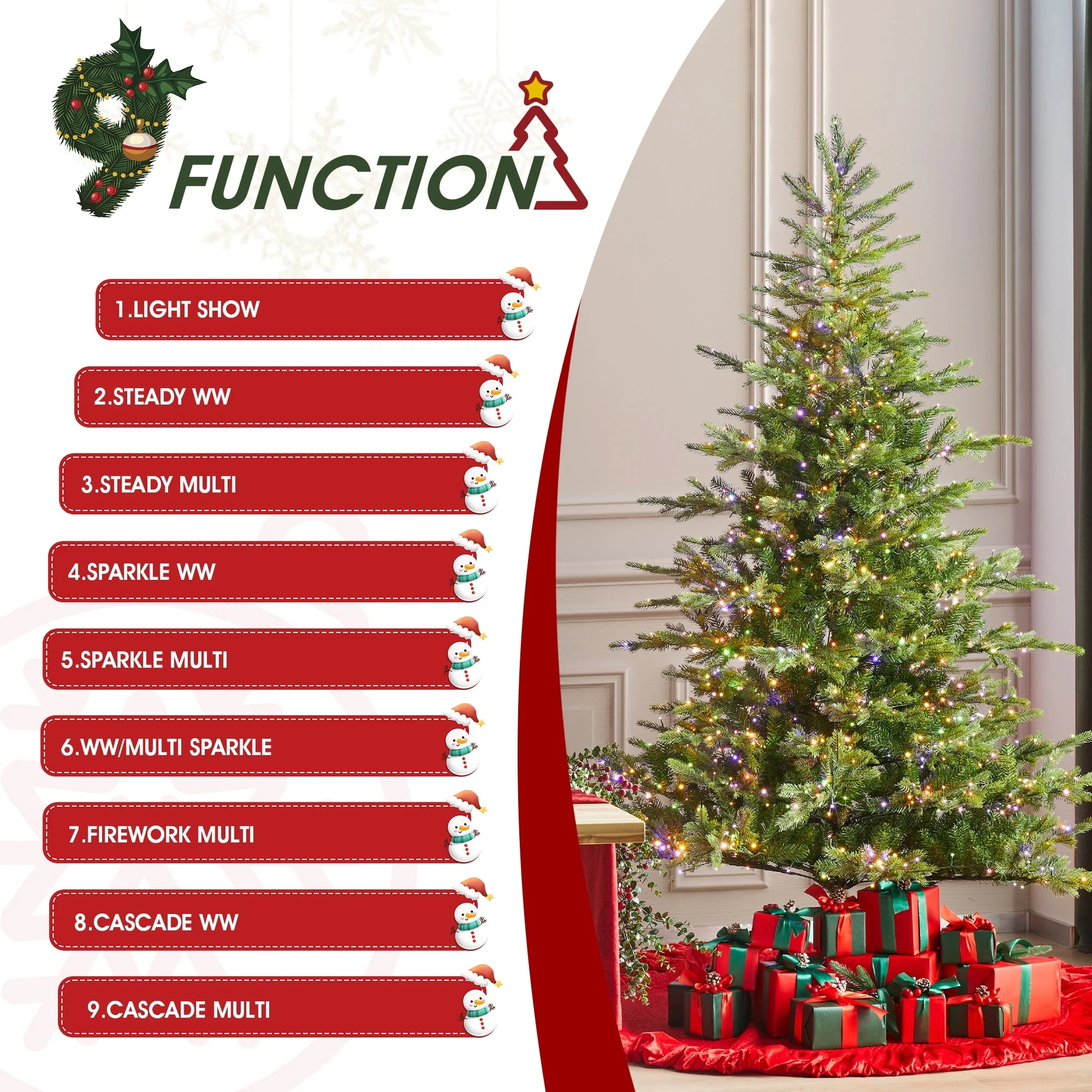 Glitzhome 7.5ft/9ft Pre-Lit Full Fir Artificial Christmas Tree w/Foot Pedal & Remote Control Simple Setup