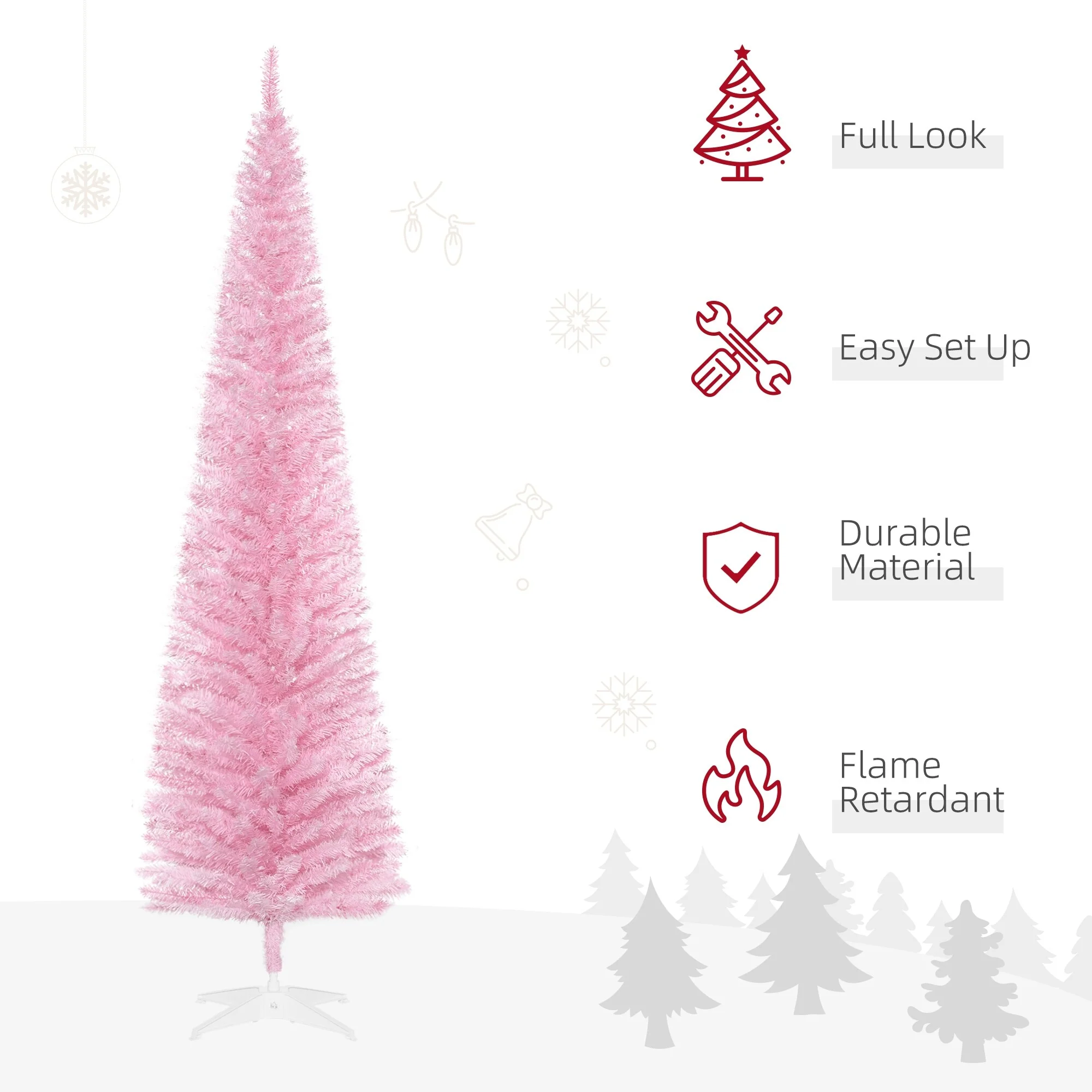 Snow-Flocked 6ft/5ft/7ft Pencil Christmas Tree, Slim Unlit Artificial Tree with Realistic Branches and Plastic Stand
