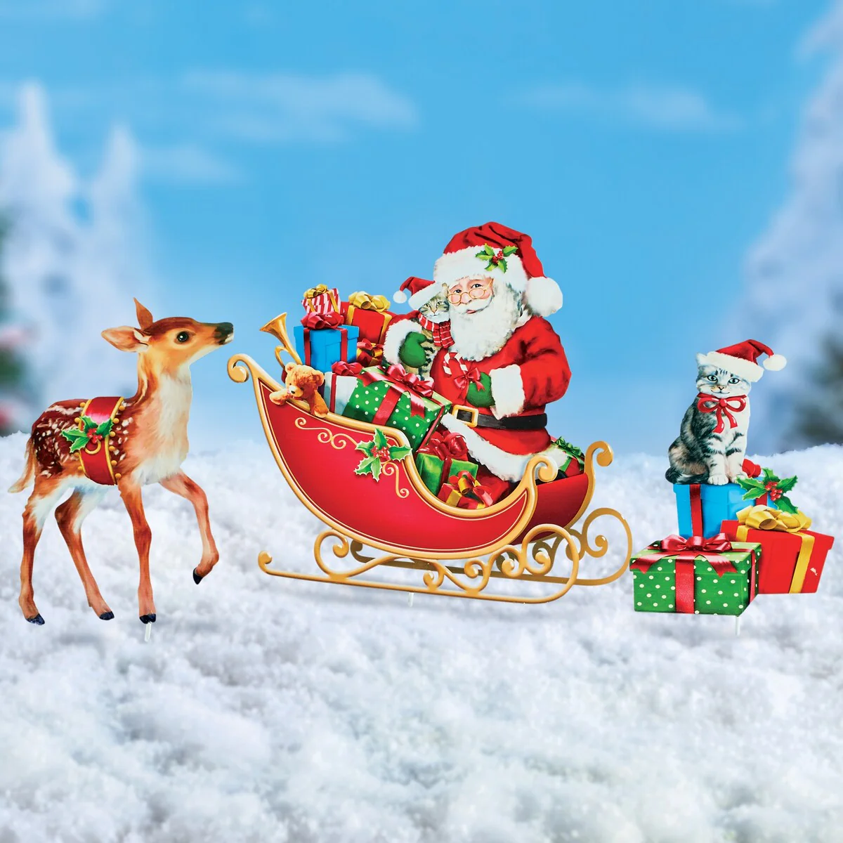 Santa Claus and Animal Friends Metal Garden Stakes Set of 3 - 8 x 16.18 x 0.25