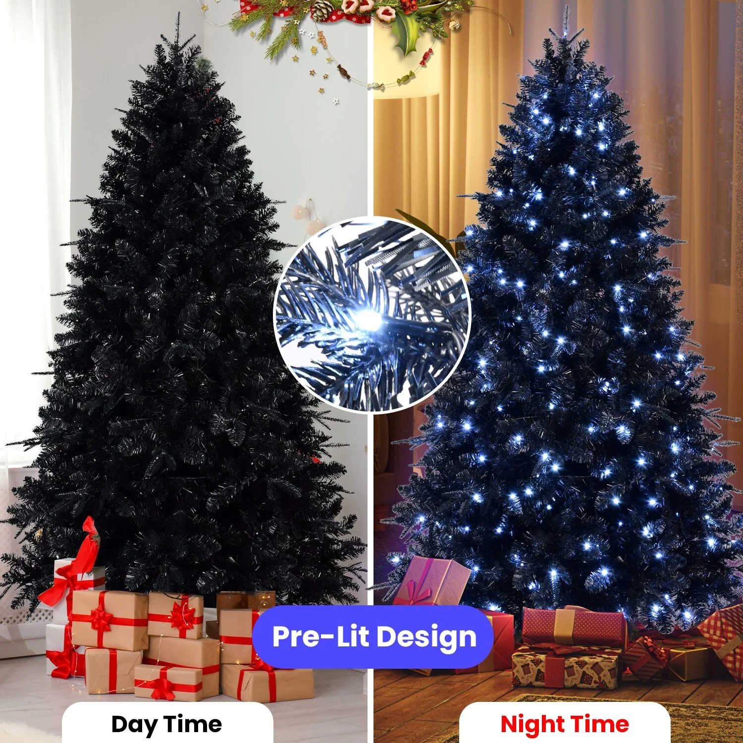 Pre-Lit Black Christmas Tree with 500-750 Lights, Full Branches, and Easy Assembly - 7.5ft to 9ft