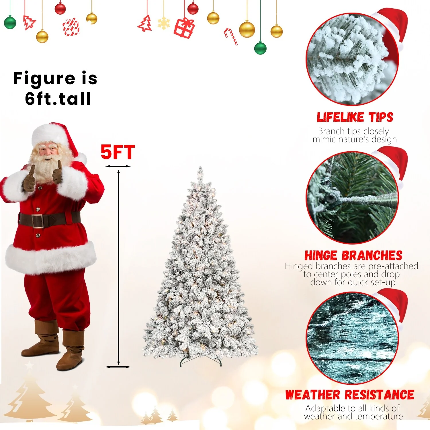 Snow-Flocked 7ft Christmas Tree with Pine Cones, Pre-Strung Lights, and Metal Stand