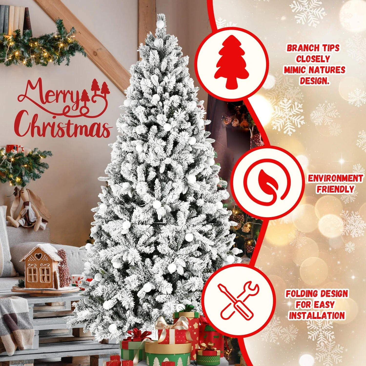 8ft Artificial Snow-Flocked Christmas Tree with LED Lights, Memory Wire, and Easy Power Setup