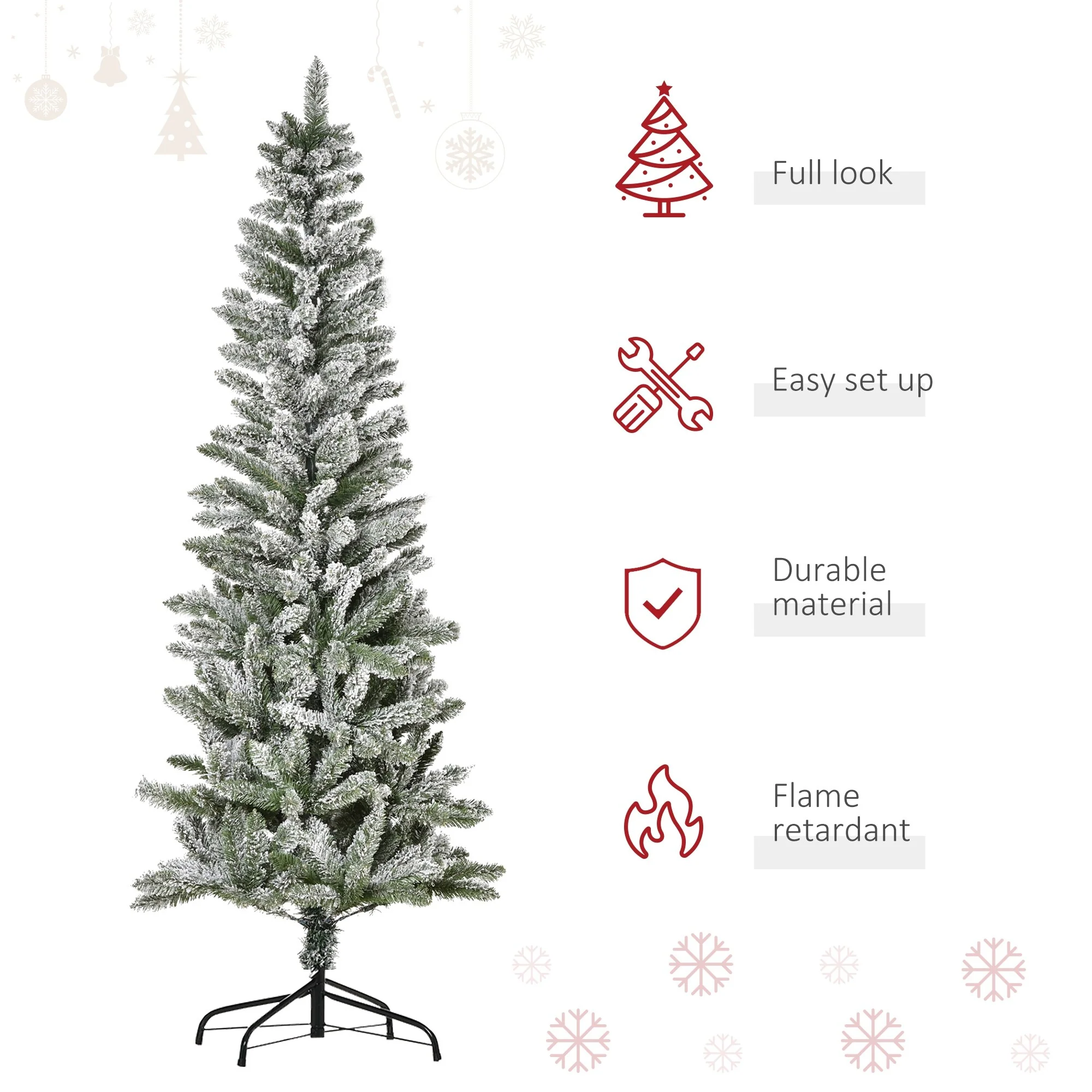 6ft Unlit Slim Pine Christmas Tree, Snow-Flocked Artificial with Full Branch Tips, Perfect Holiday Decor
