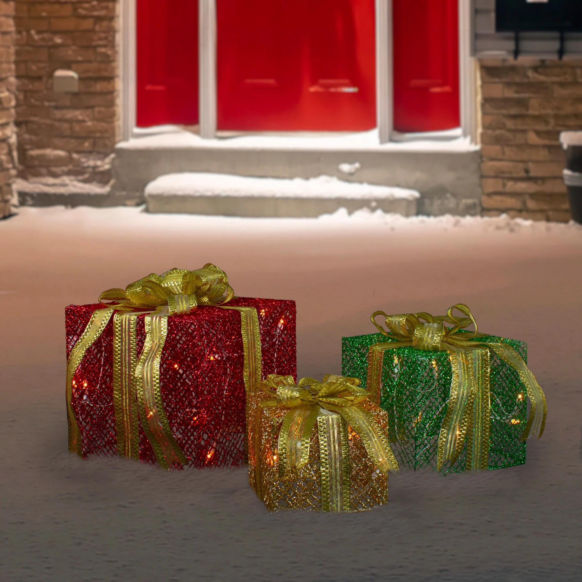 3 LED Red, Green Gold Glitter Gift Boxes Outdoor Christmas Decoration - Red