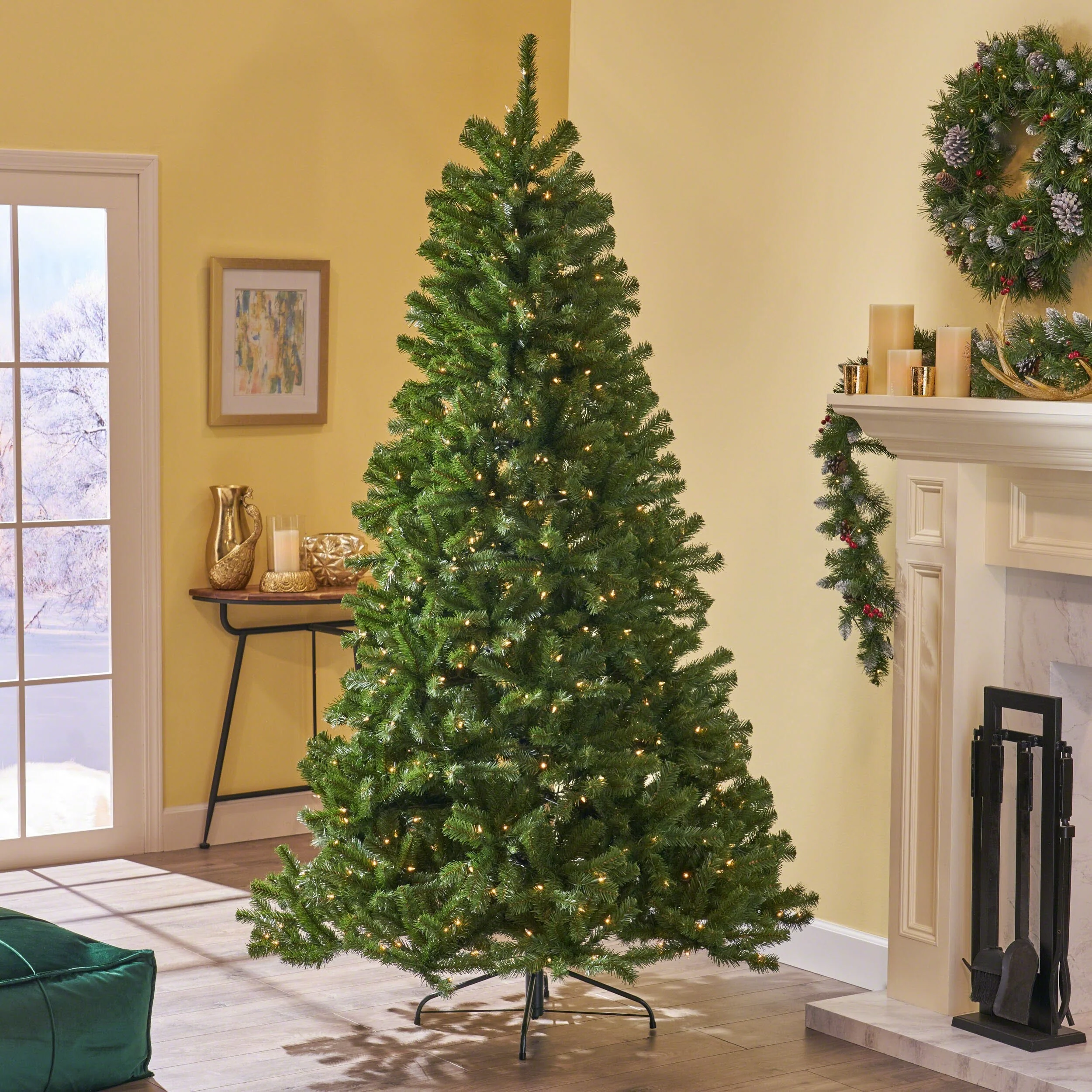 7FT Noble Hinged Christmas Tree with 500 UL-Certified Clear Lights, 1110 Tips, Easy Assembly, and Iron Stand, 48
