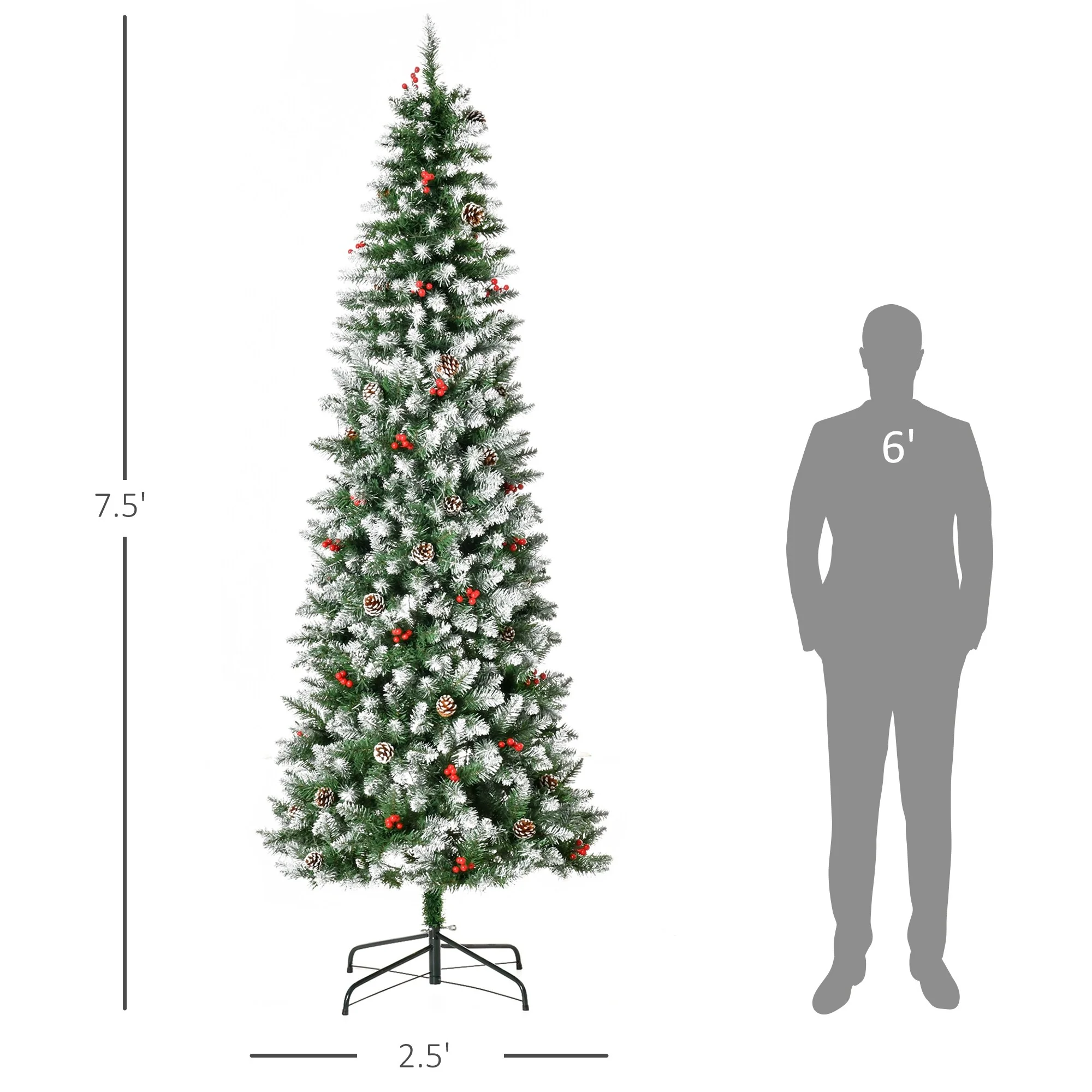 Realistic Snow-Flocked Artificial Christmas Tree,Pre-Lit with LED Lights,Pine Cones & Red Berries,Available in 6ft, 7.5ft & 9ft