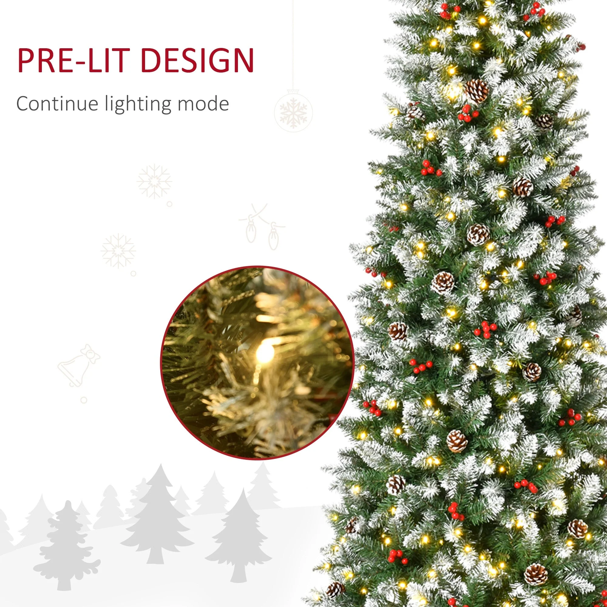 Realistic Snow-Flocked Artificial Christmas Tree,Pre-Lit with LED Lights,Pine Cones & Red Berries,Available in 6ft, 7.5ft & 9ft