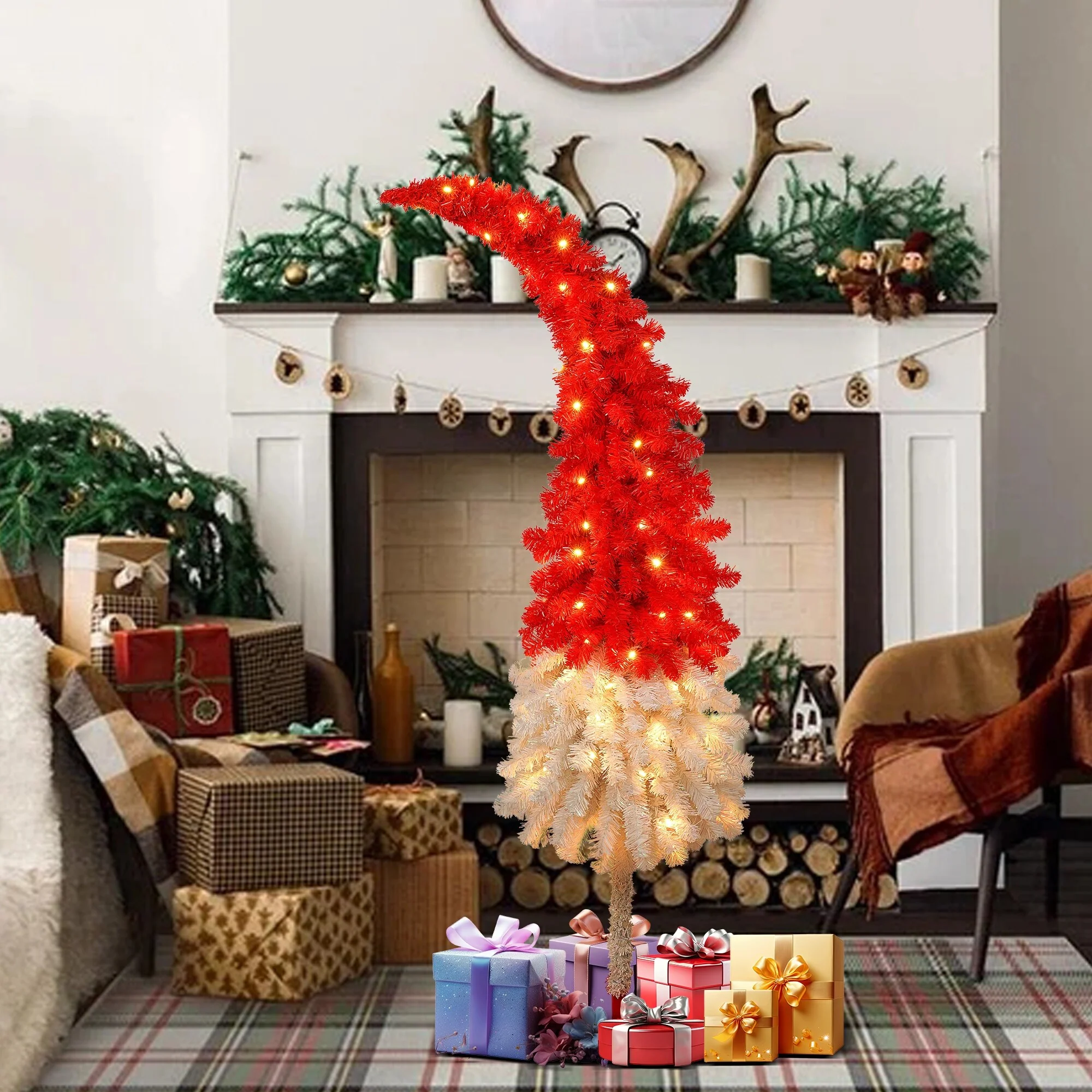 5FT Bent Top Santa Hat Christmas Tree, Artificial Fir with 100 Warm LEDs, Hinged Design for Easy Setup, 400 Branch Tips