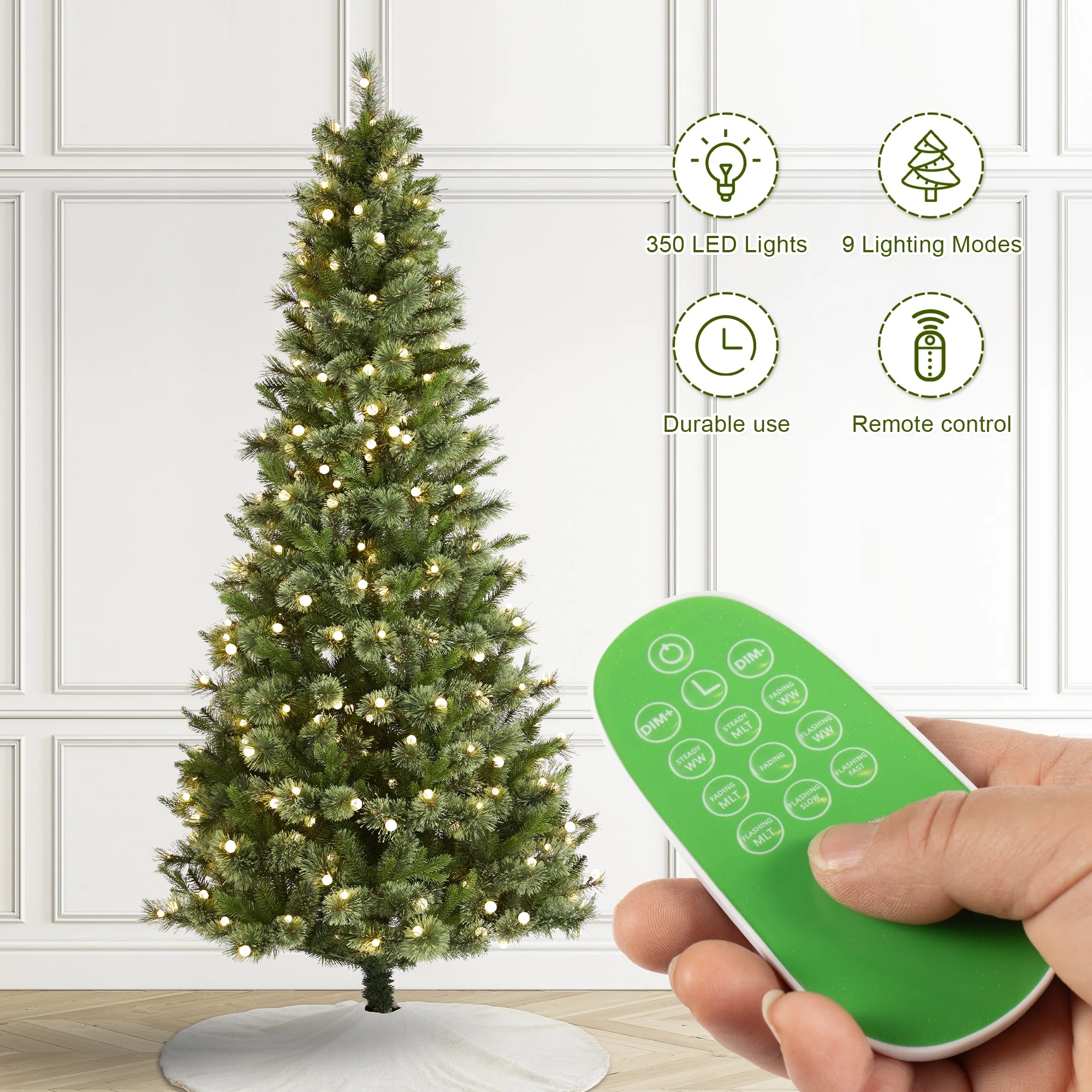 Glitzhome 7.5ft/9ft Pre-Lit Green Slim Pine Artificial Christmas Tree with Foot Pedal & Remote Control