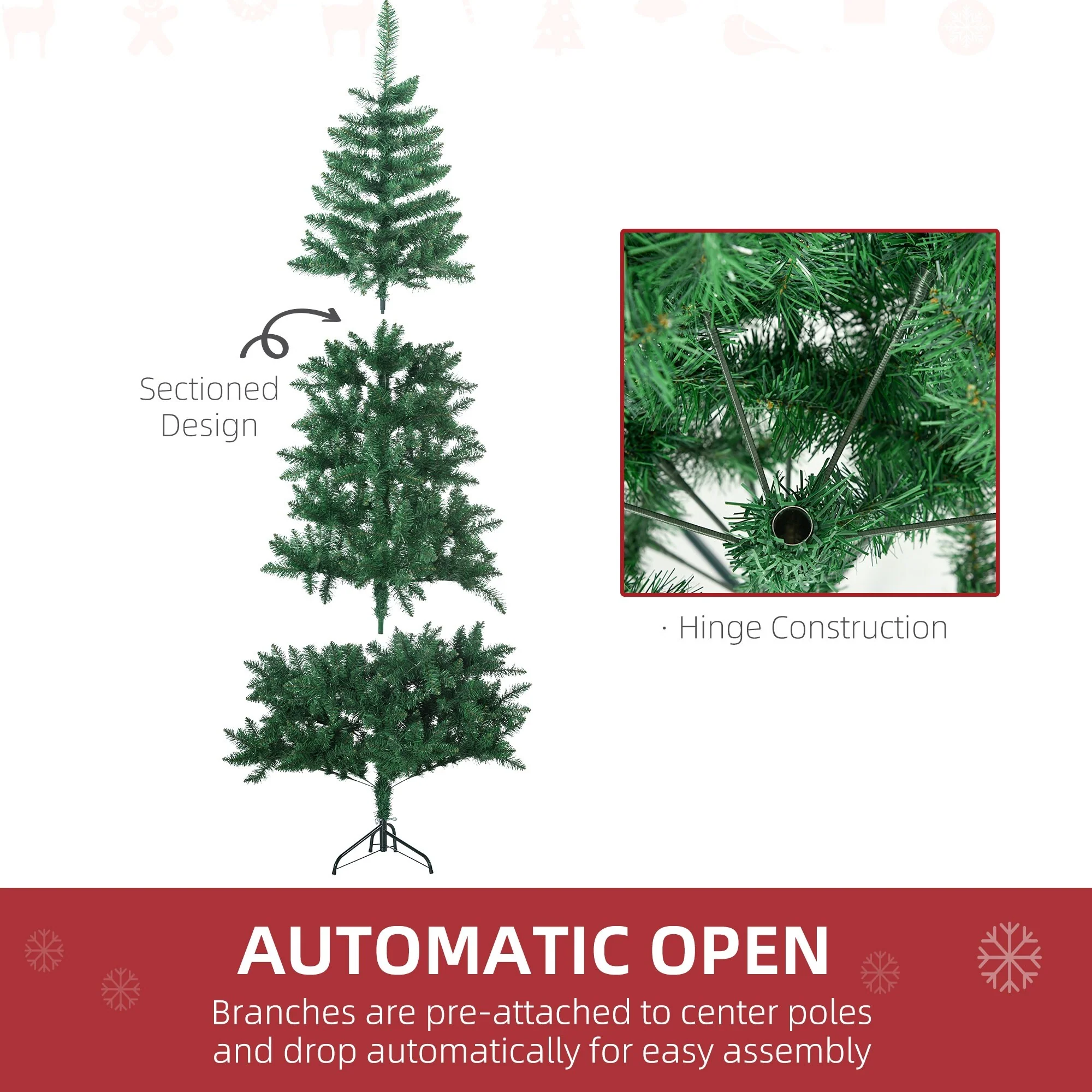 Space-Saving 5ft/7ft Half Christmas Tree, Unlit Artificial Tree with Steel Base and Wall-Fit Design