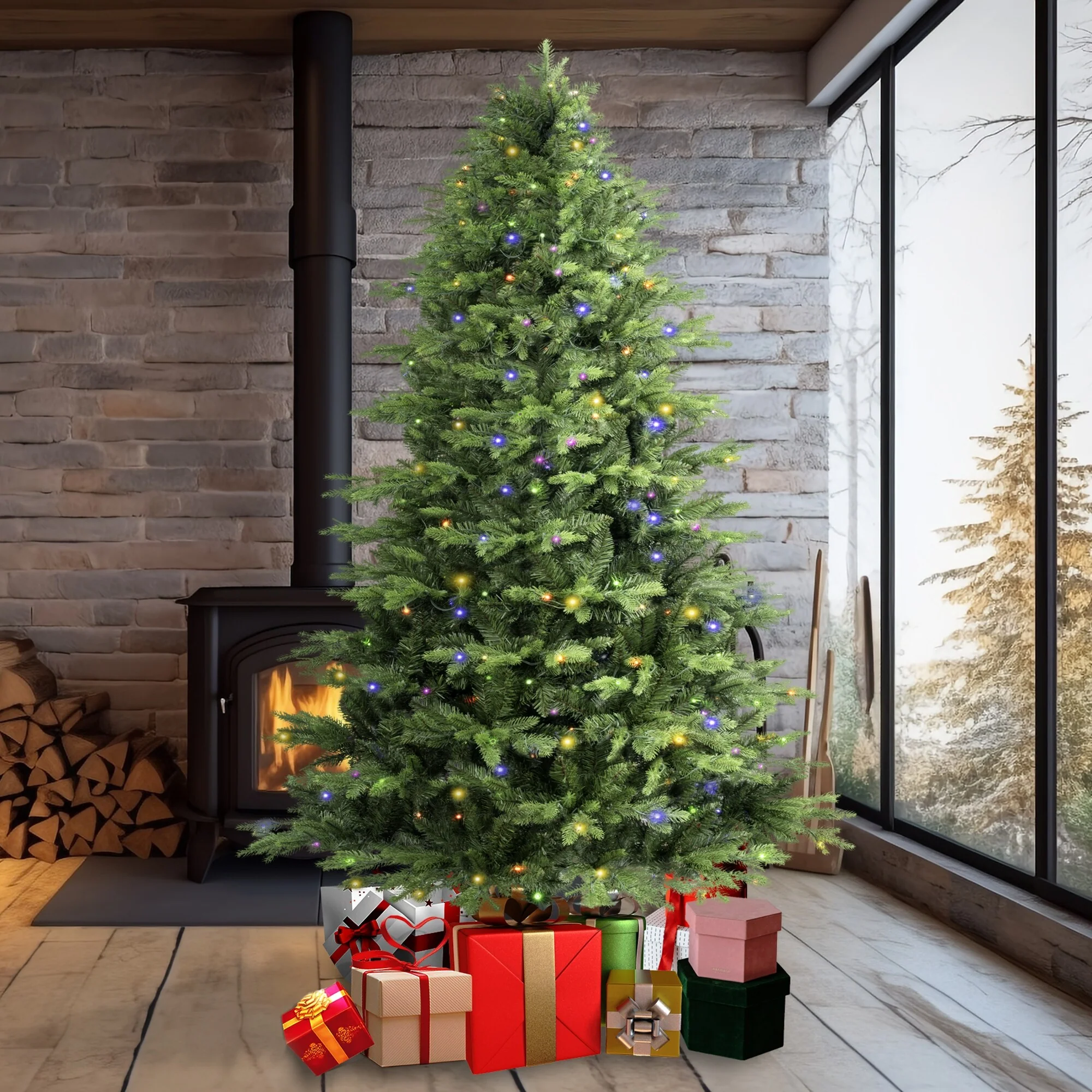 Artificial Everett Balsam Christmas Tree 6.5ft & 7.5ft with Pre-lit Bi-Colour LED Lights, Easy Assembly, Indoor Décor